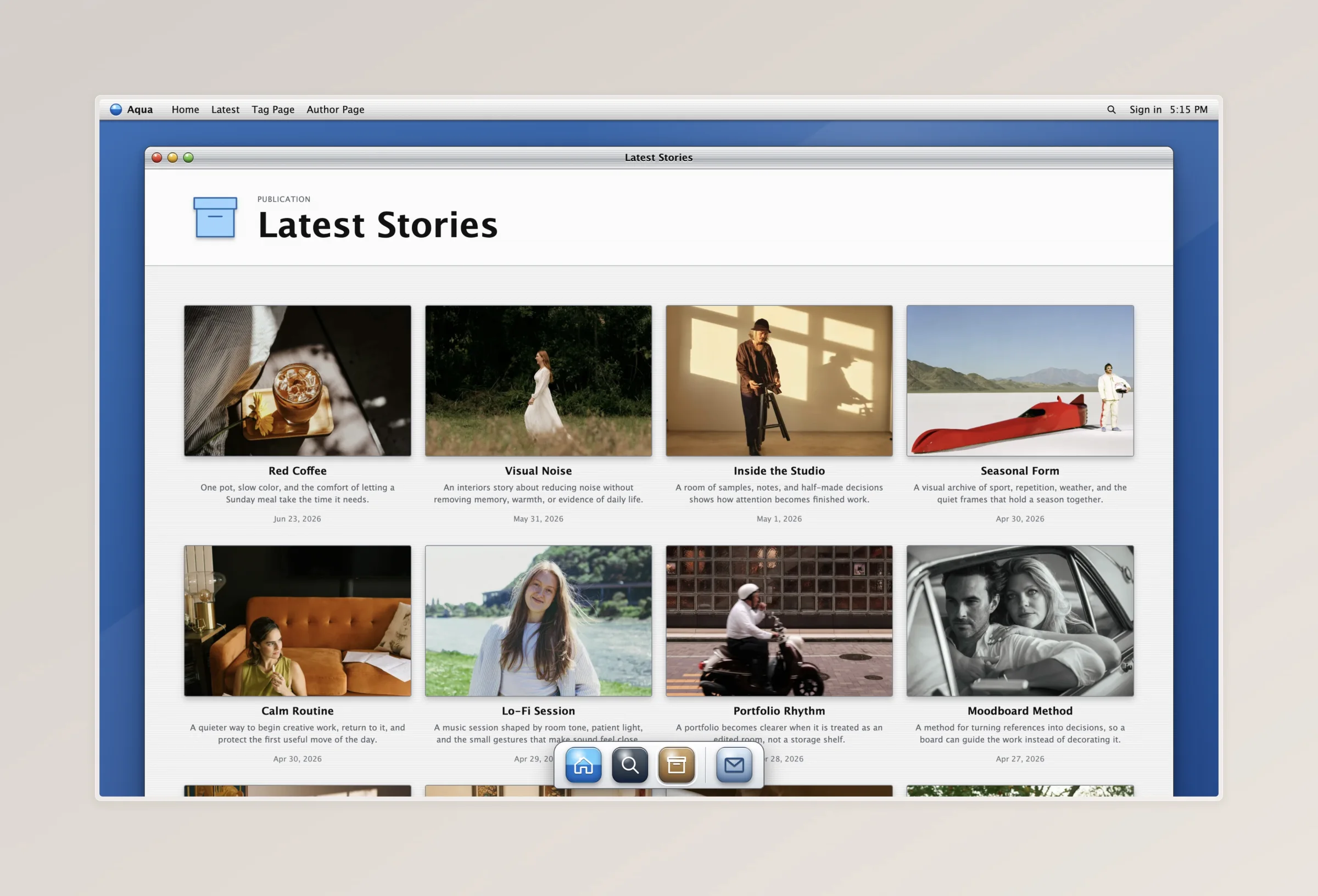 Aqua Ghost theme Latest Stories page with a visual post grid and Dock