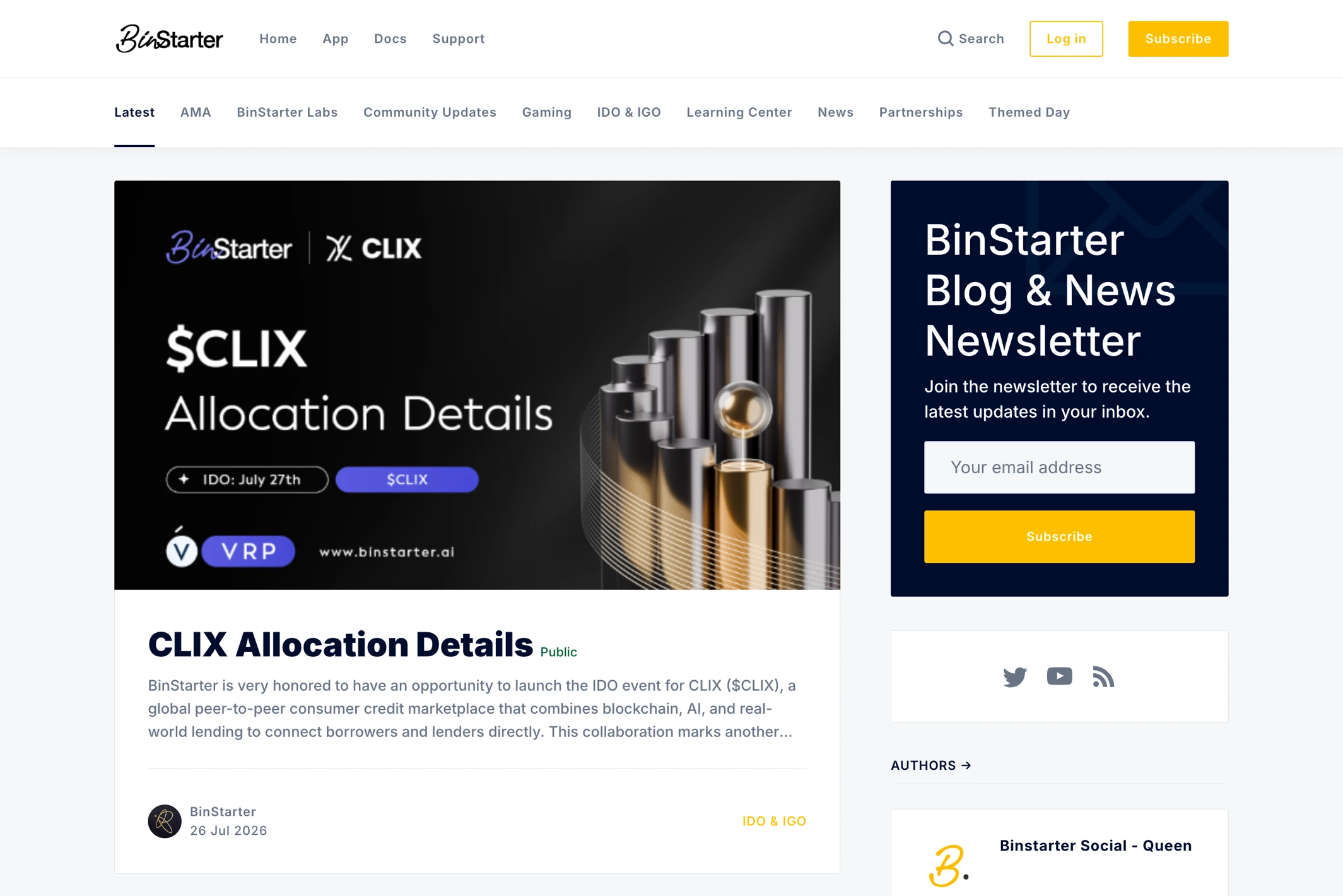 Screenshot of BinStarter Blog & News — Ghost theme website