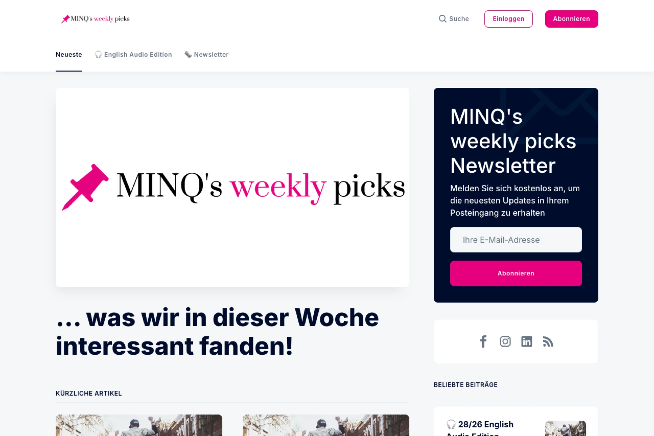 Screenshot of MINQ's weekly picks — Ghost theme website