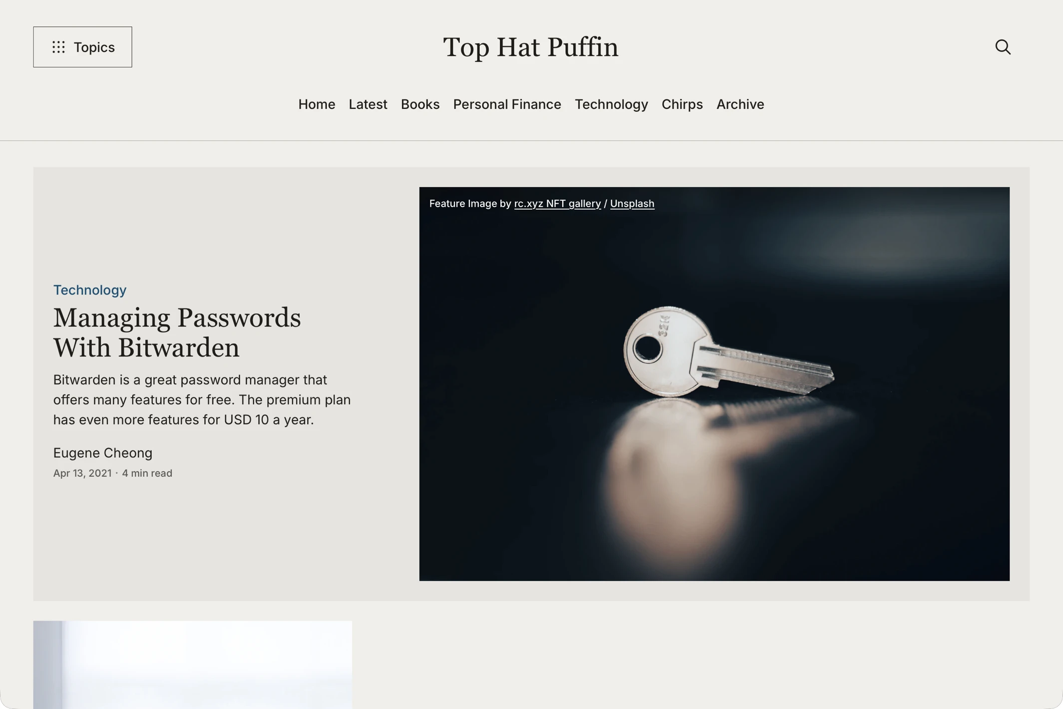 Screenshot of Top Hat Puffin — Ghost theme website