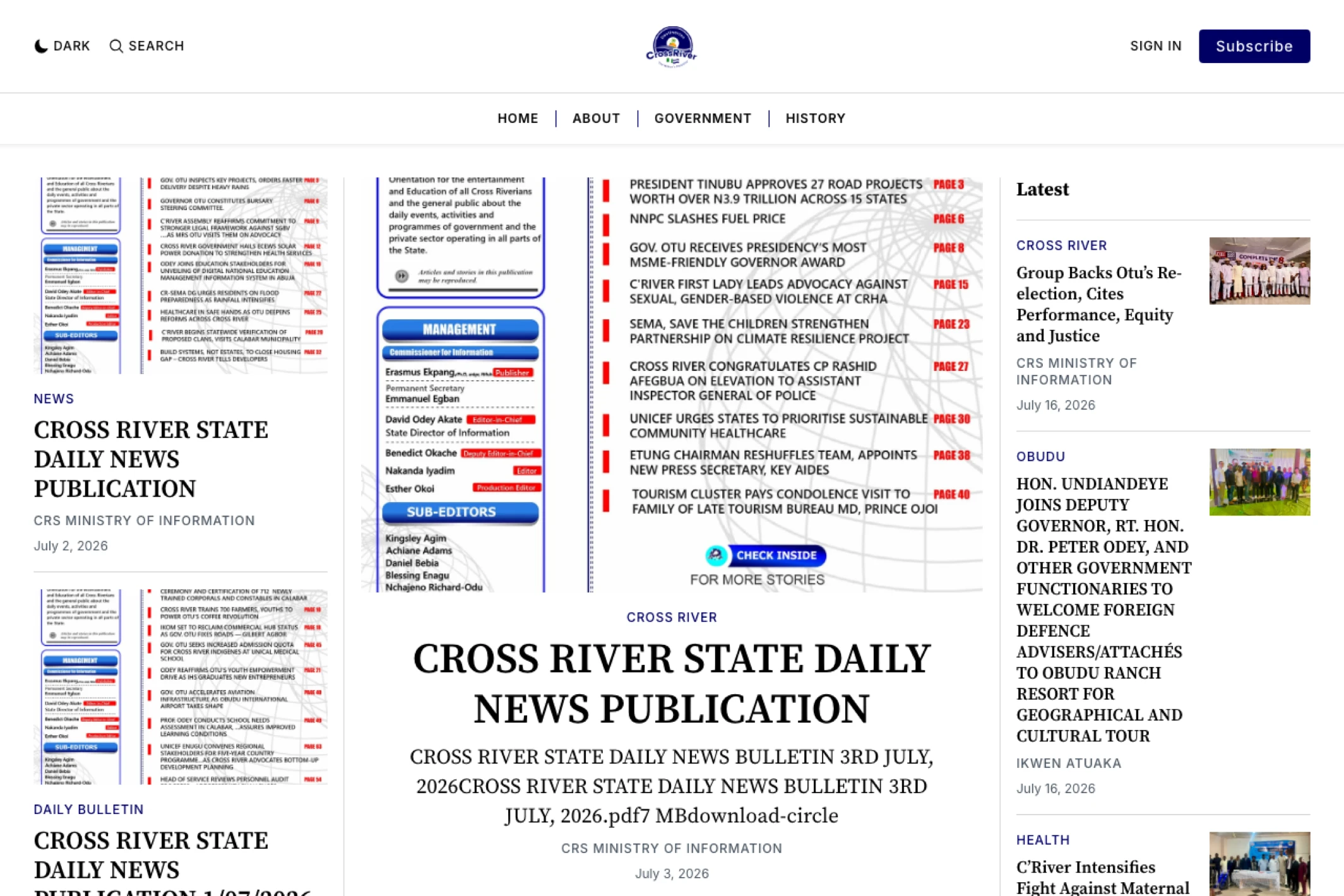 Screenshot of Cross River State News — Ghost theme website