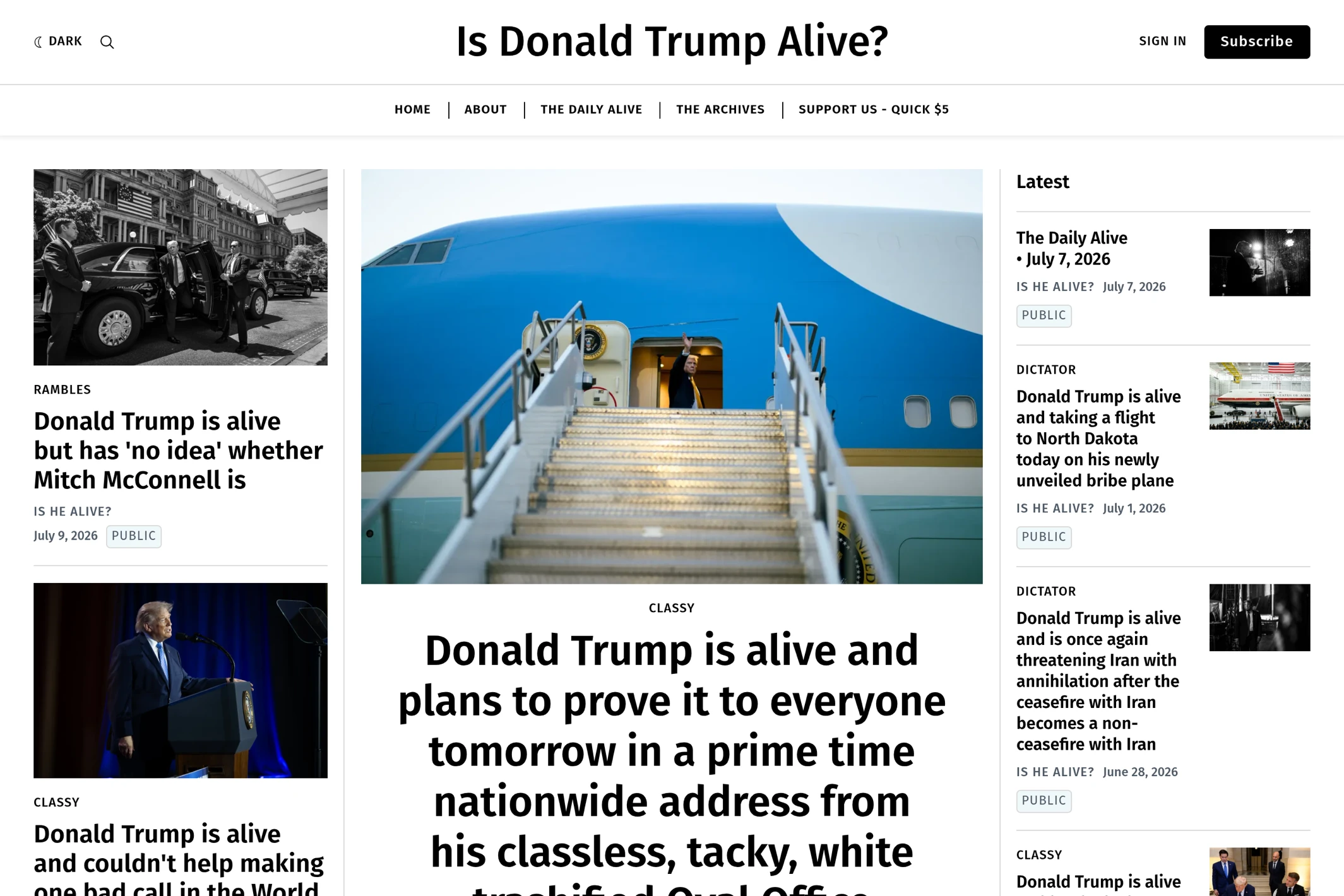 Screenshot of Is Donald Trump Alive? — Ghost theme website
