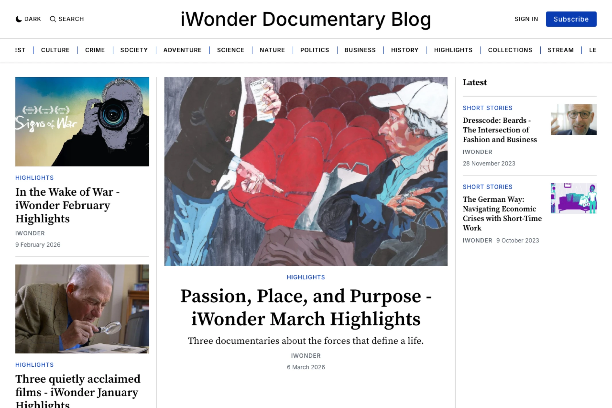 Screenshot of iWonder Documentary Blog — Ghost theme website
