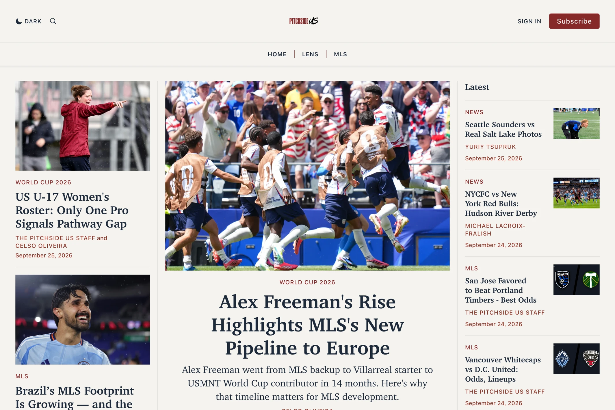 Screenshot of Pitchside US — Ghost theme website