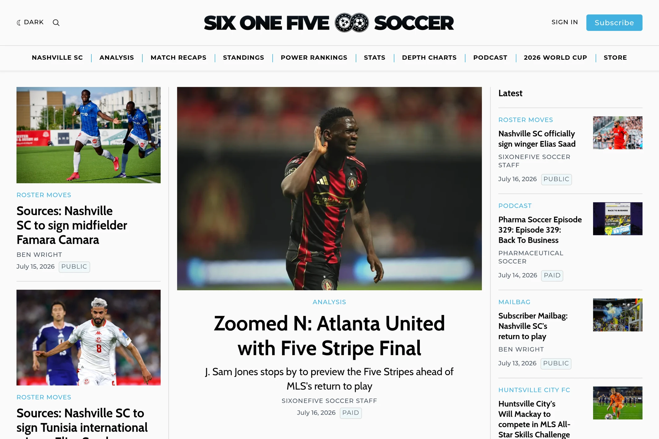 Screenshot of SixOneFive Soccer — Ghost theme website