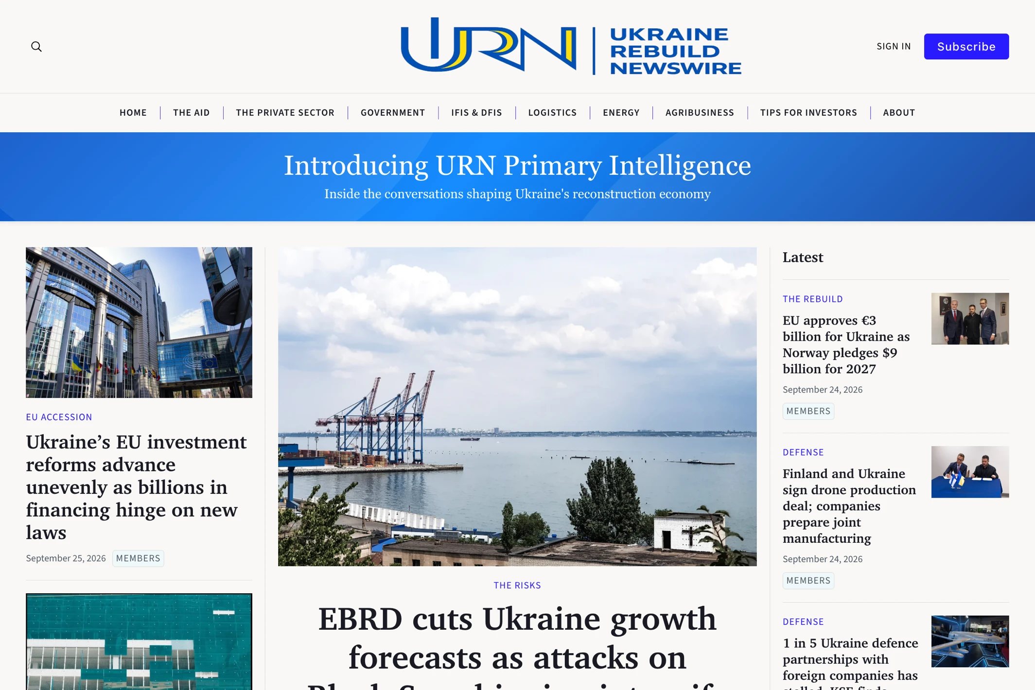 Screenshot of Ukraine Rebuild Newswire — Ghost theme website