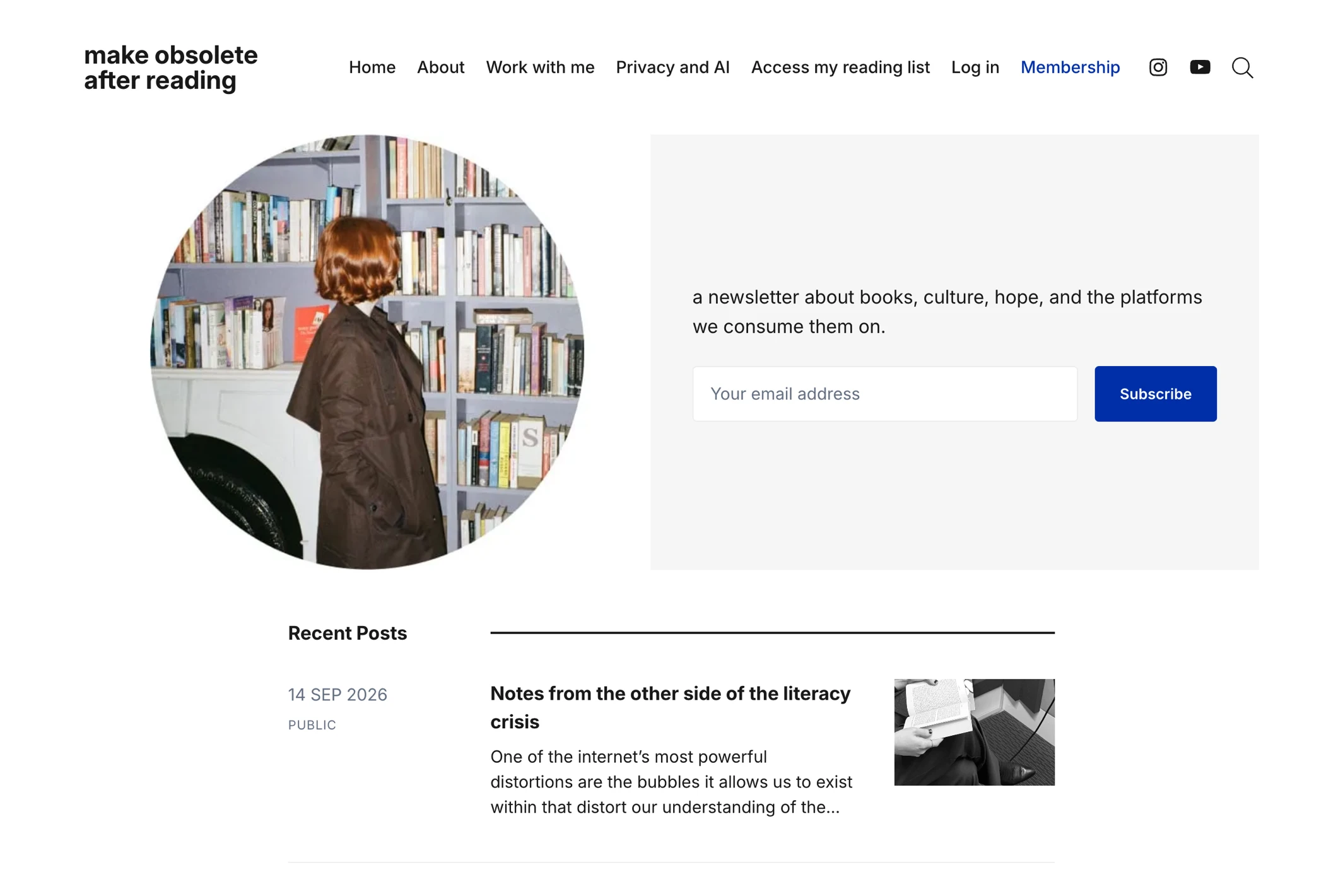 Screenshot of make obsolete after reading — Ghost theme website