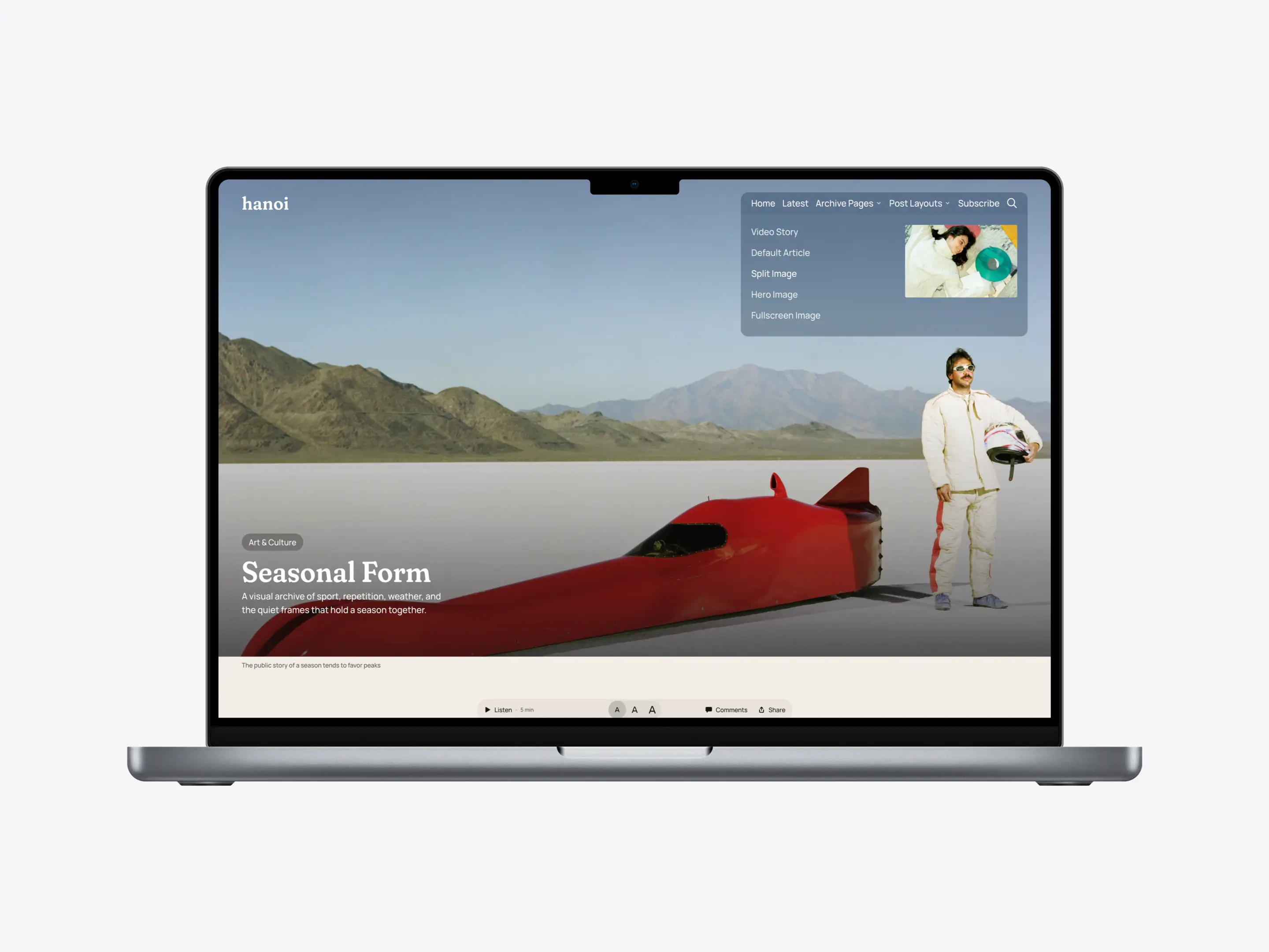Close-up of Hanoi dropdown navigation with the active link and preview media