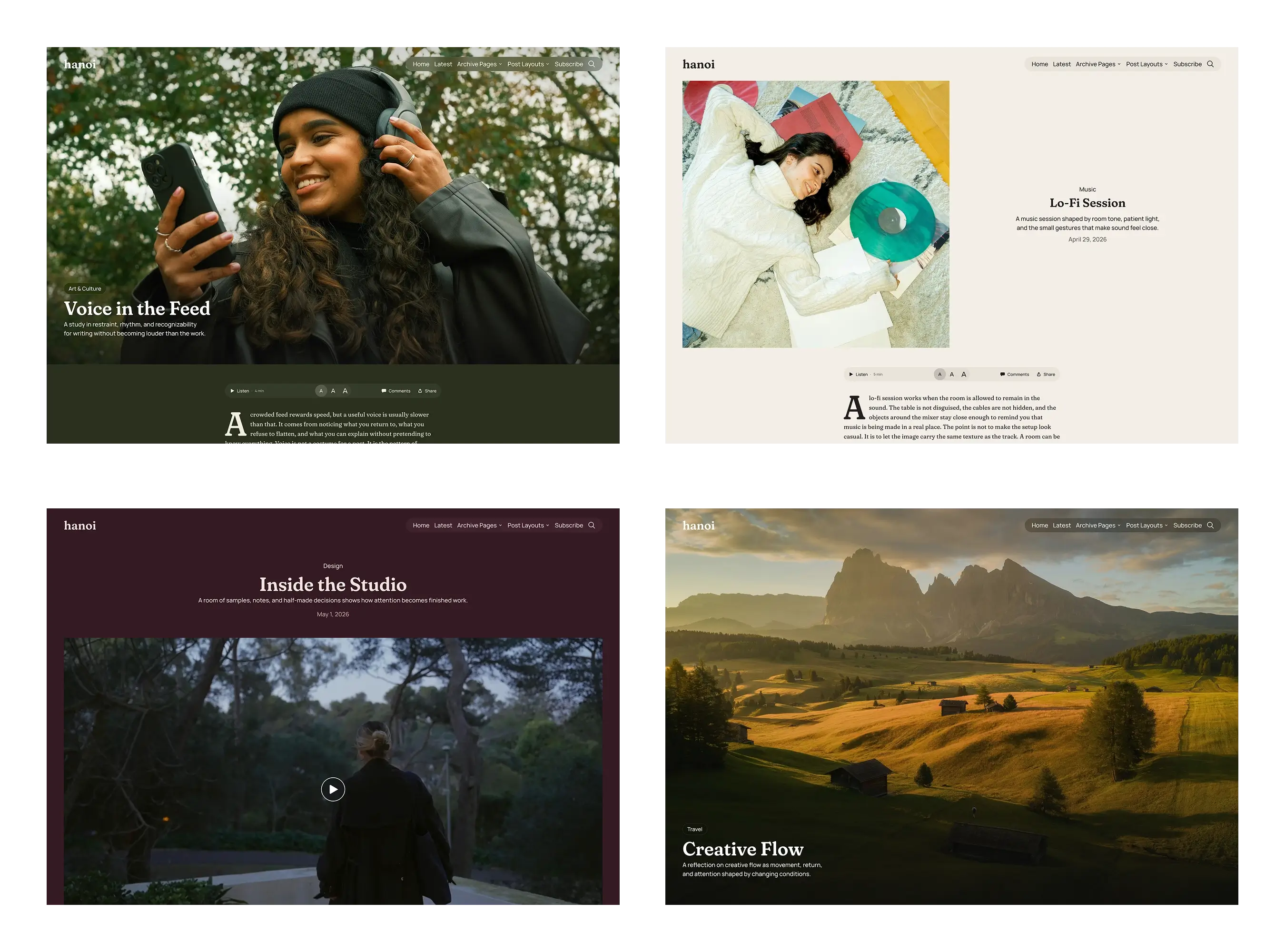 Hanoi Ghost Theme post layout examples for hero, split, video, and fullscreen stories