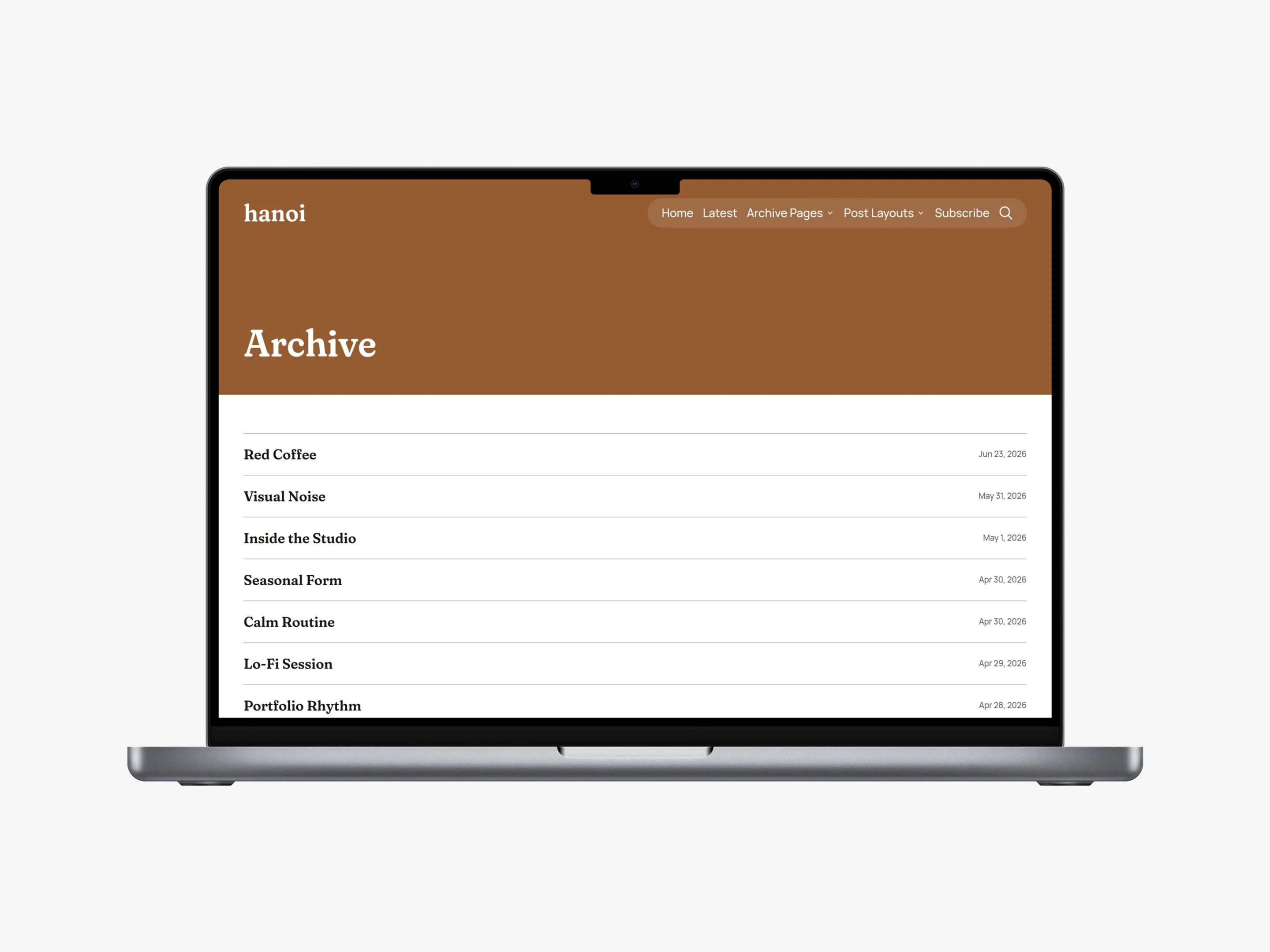Hanoi Ghost Theme Archive page with date-led posts and image previews