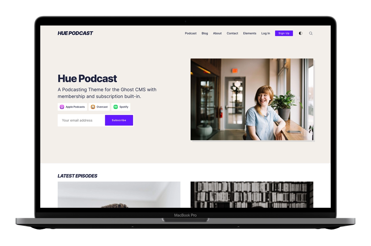 Hue Ghost theme podcast homepage with show information and episodes