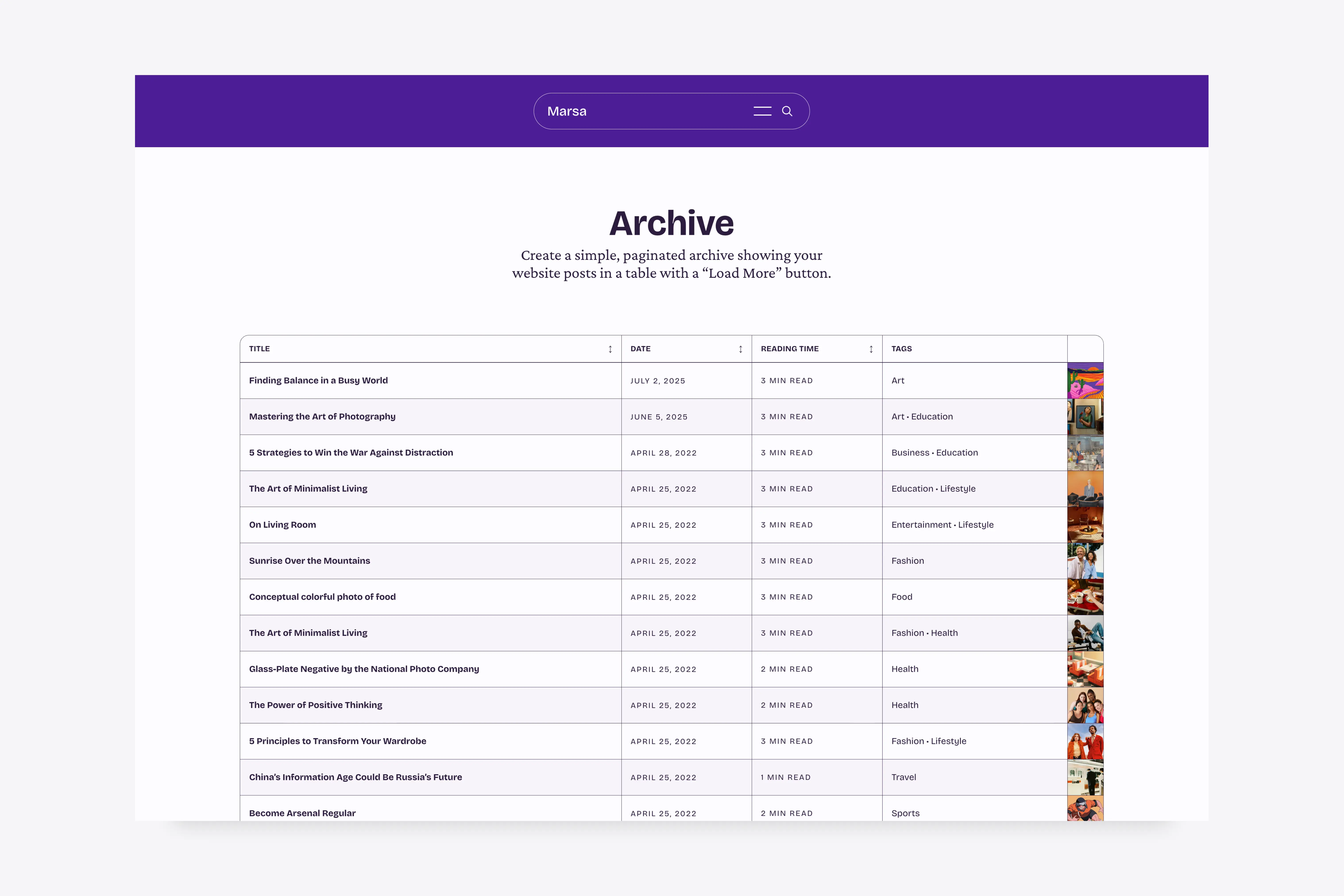 Sortable article archive in the Marsa Ghost theme