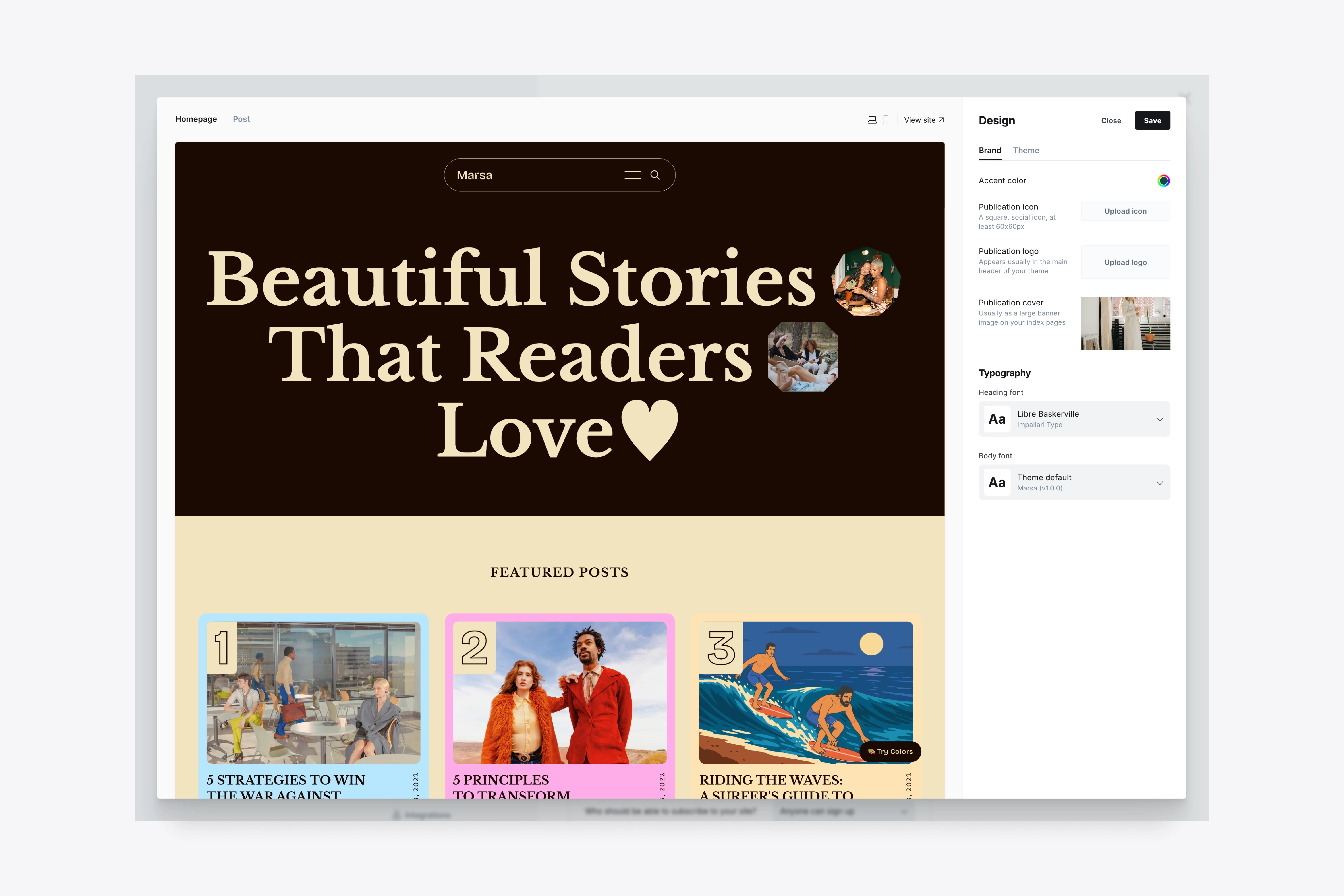 Heading and body typography options in the Marsa Ghost theme