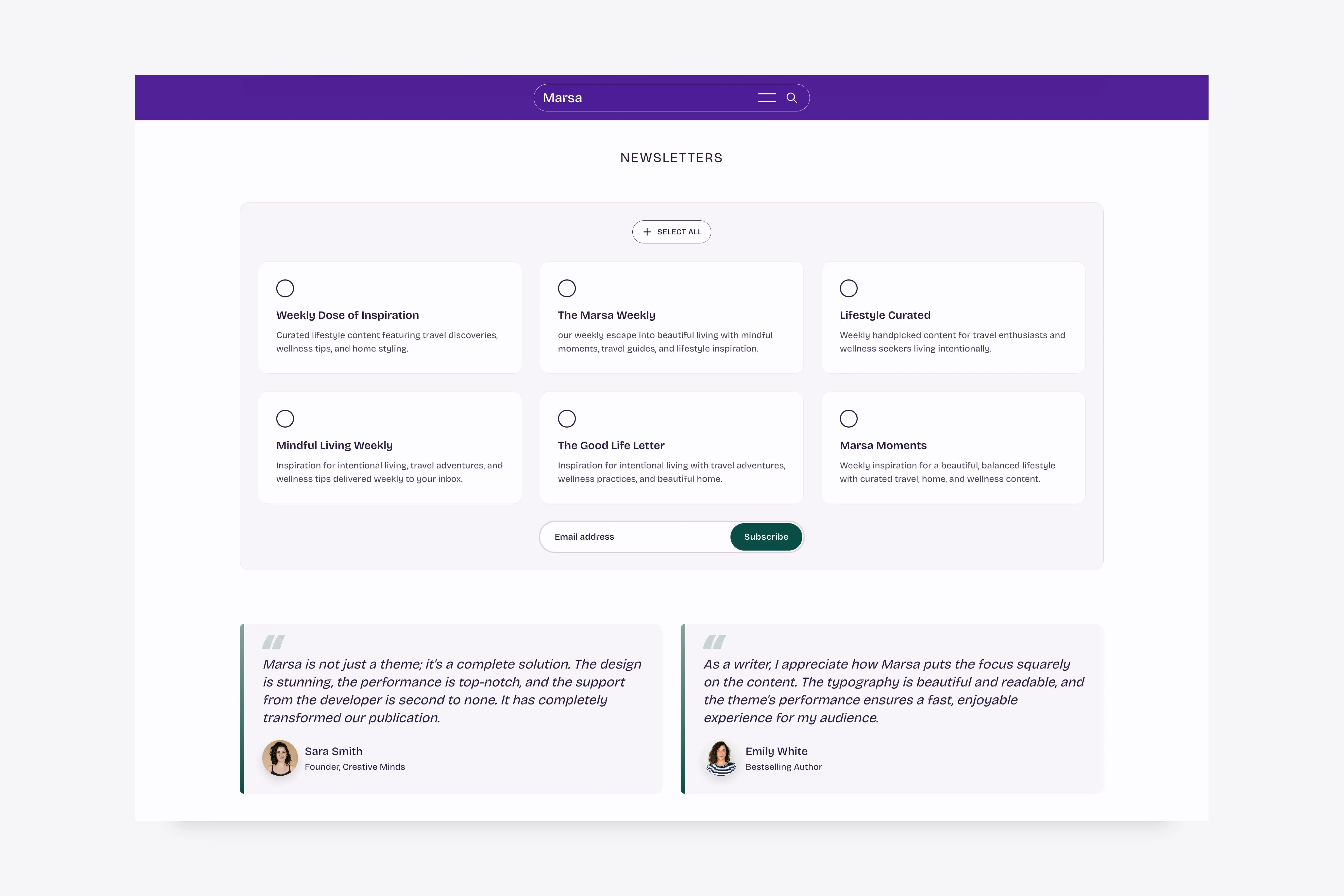 Newsletter selection form on the Marsa Ghost theme homepage
