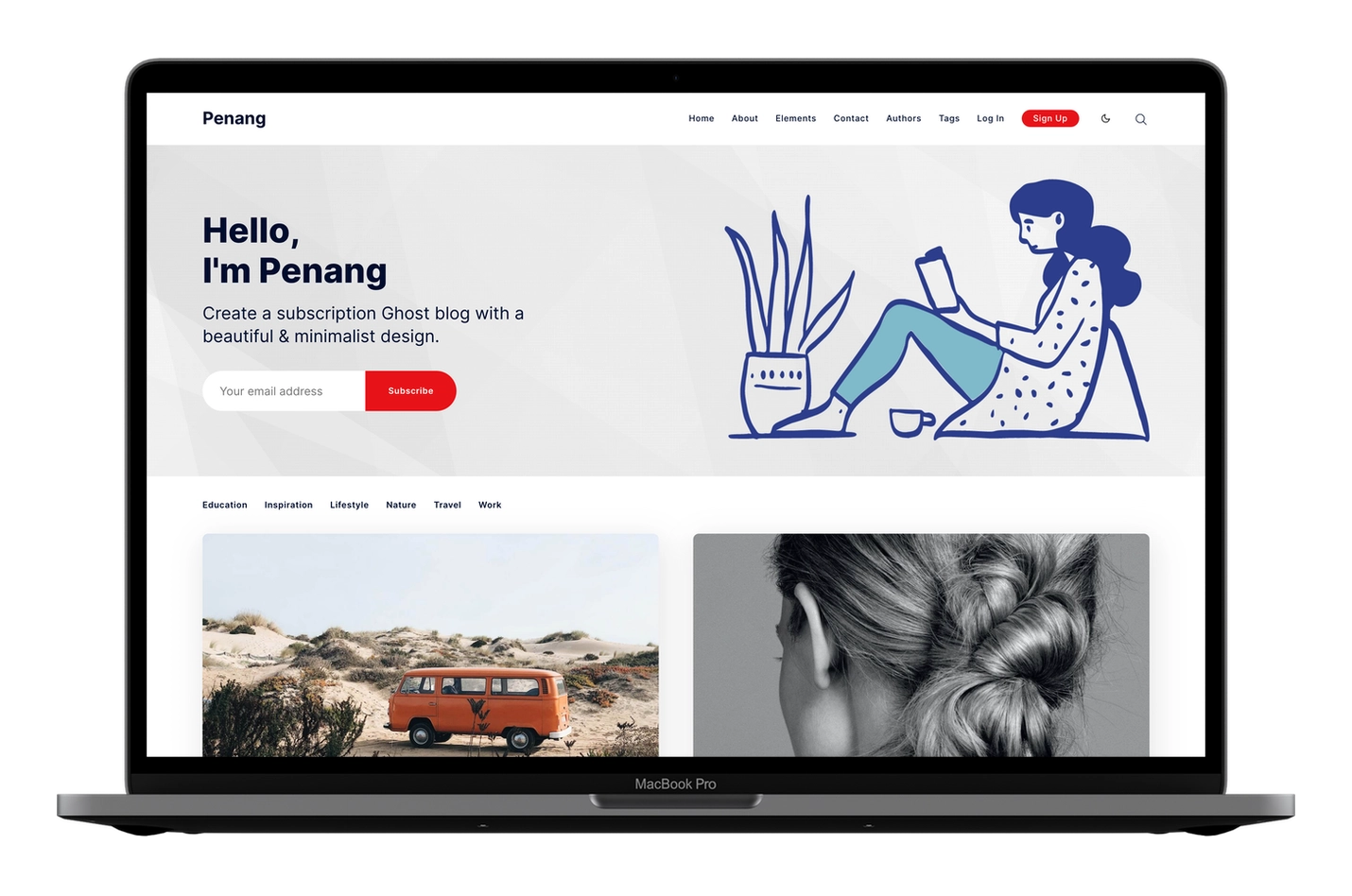 Penang Ghost theme homepage with subscription form and member access links