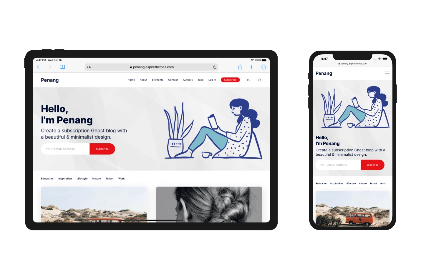 Penang Ghost theme responsive layouts on iPhone and iPad