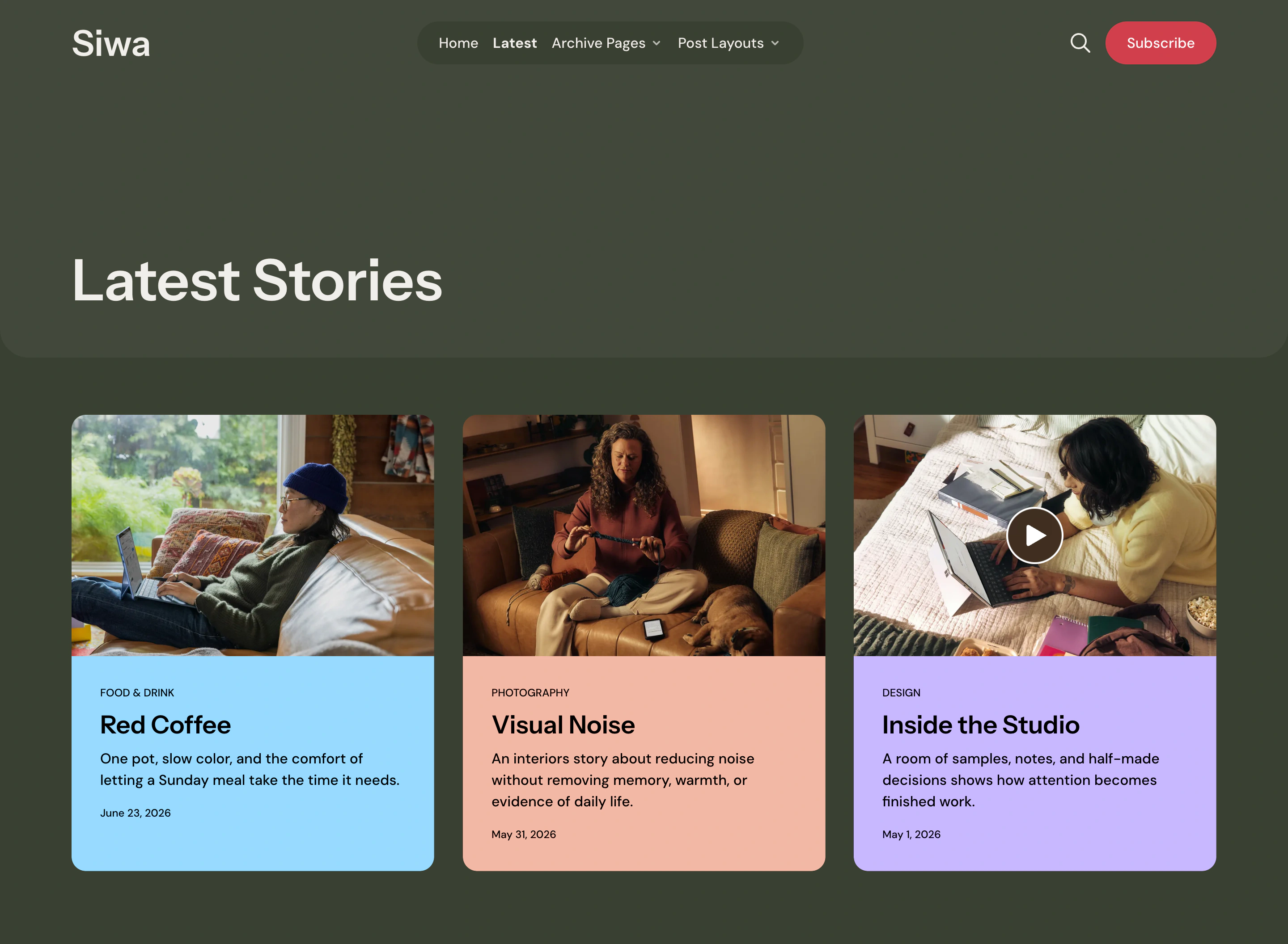 Siwa Latest page in the olive Kombu Green scheme