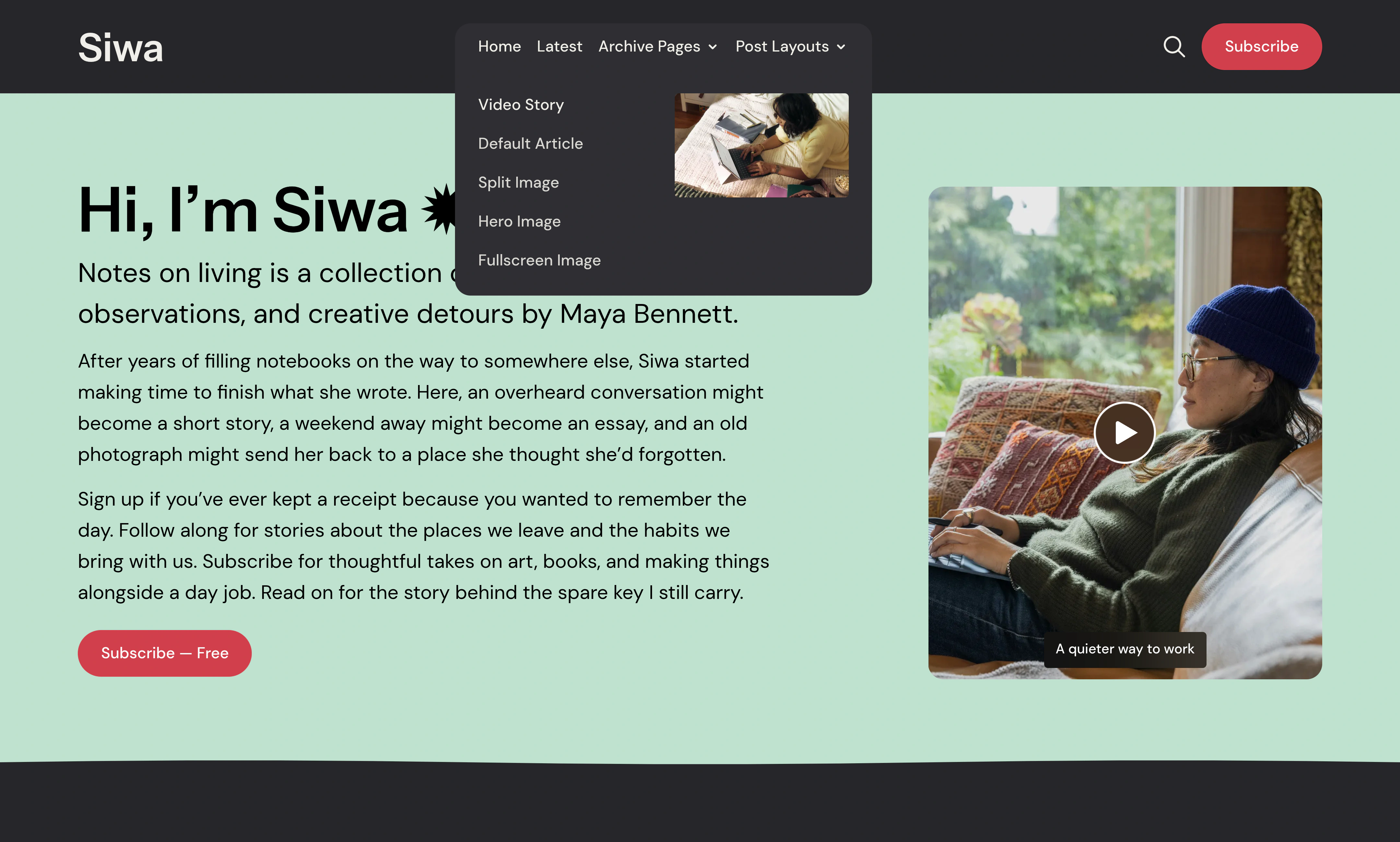 Siwa desktop dropdown showing post layout links and an image preview