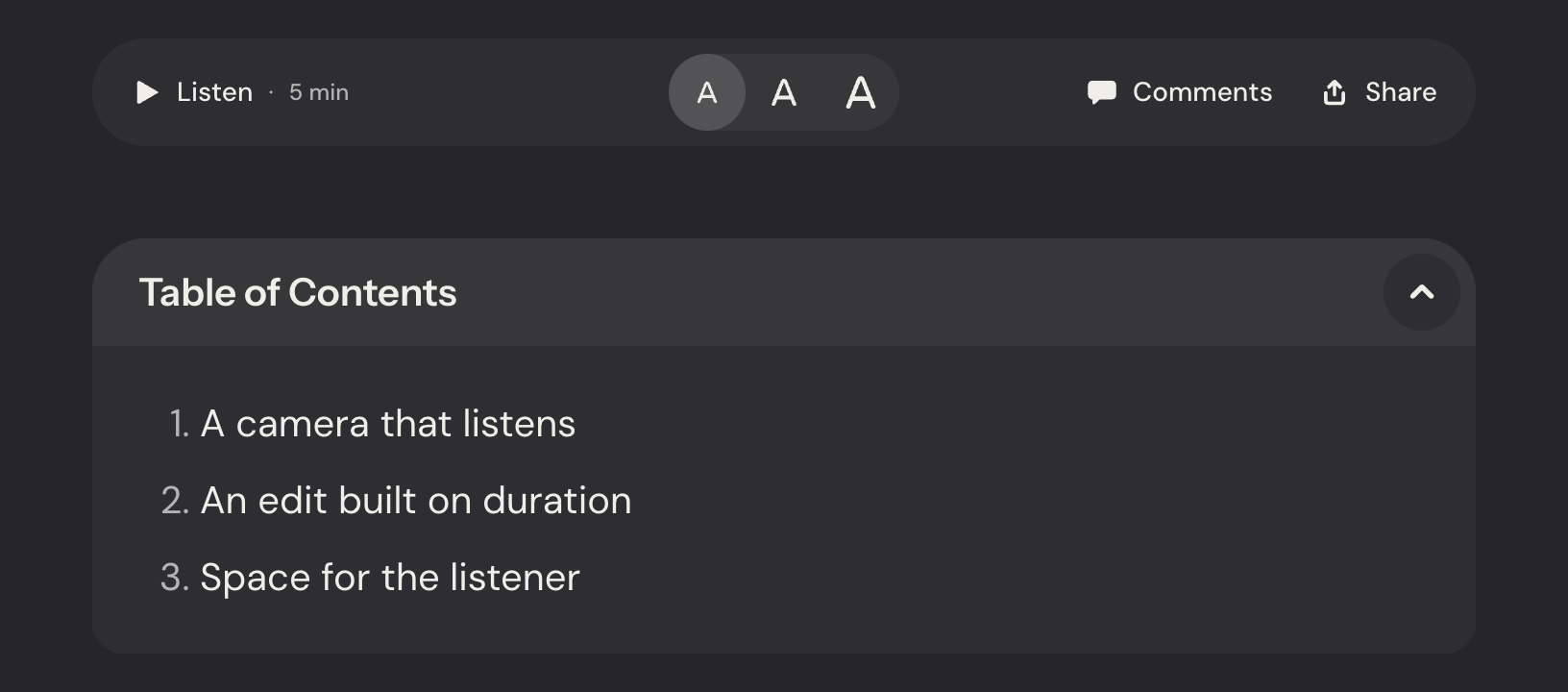 Siwa article controls for listening, text size, comments, and sharing