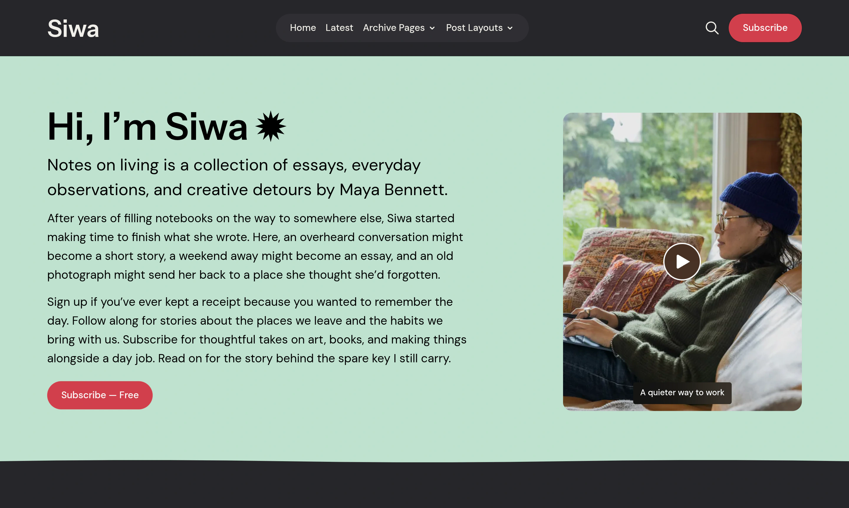 Siwa homepage with a mint introduction and portrait video