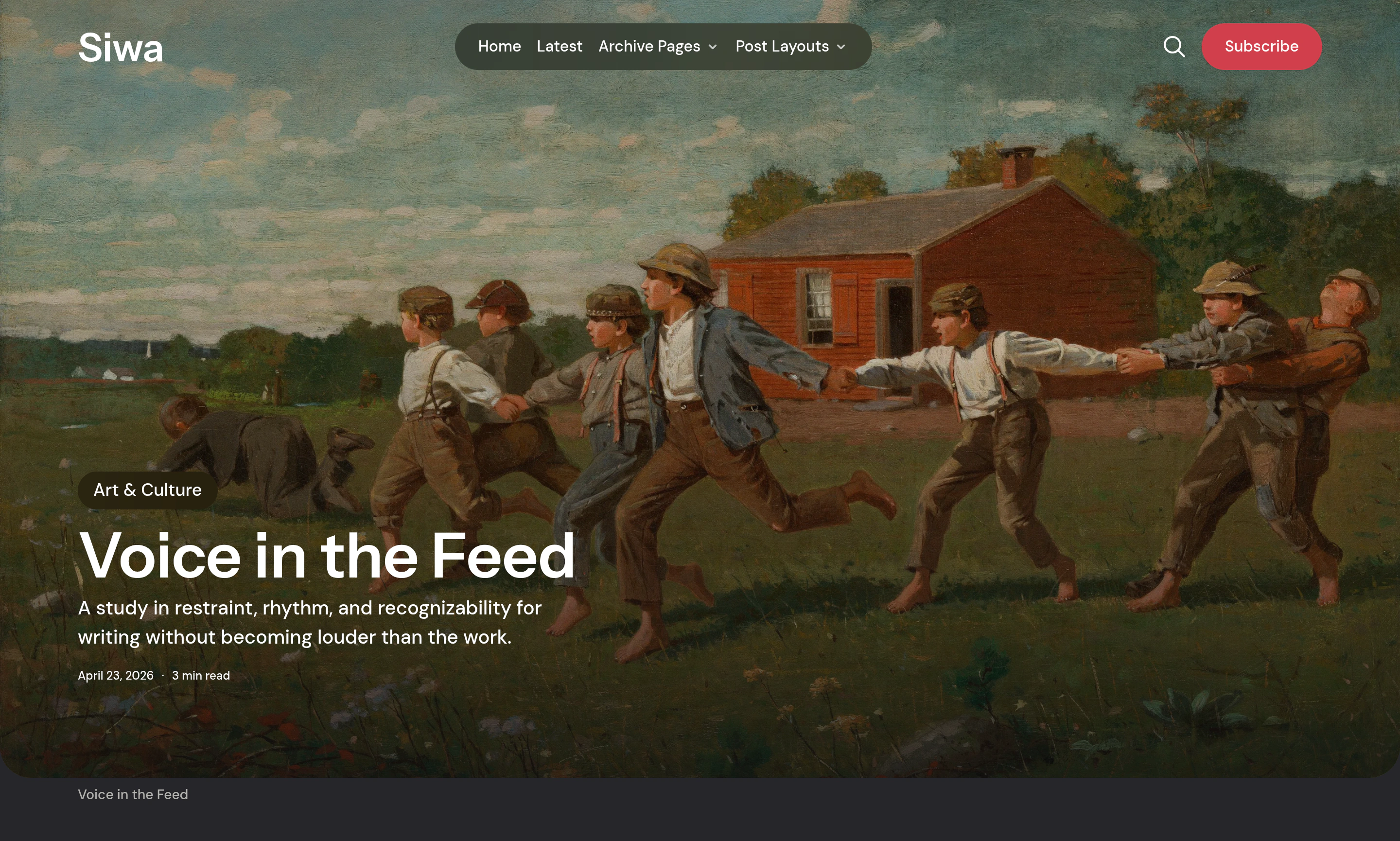 Siwa Post Hero layout with the title over a large image