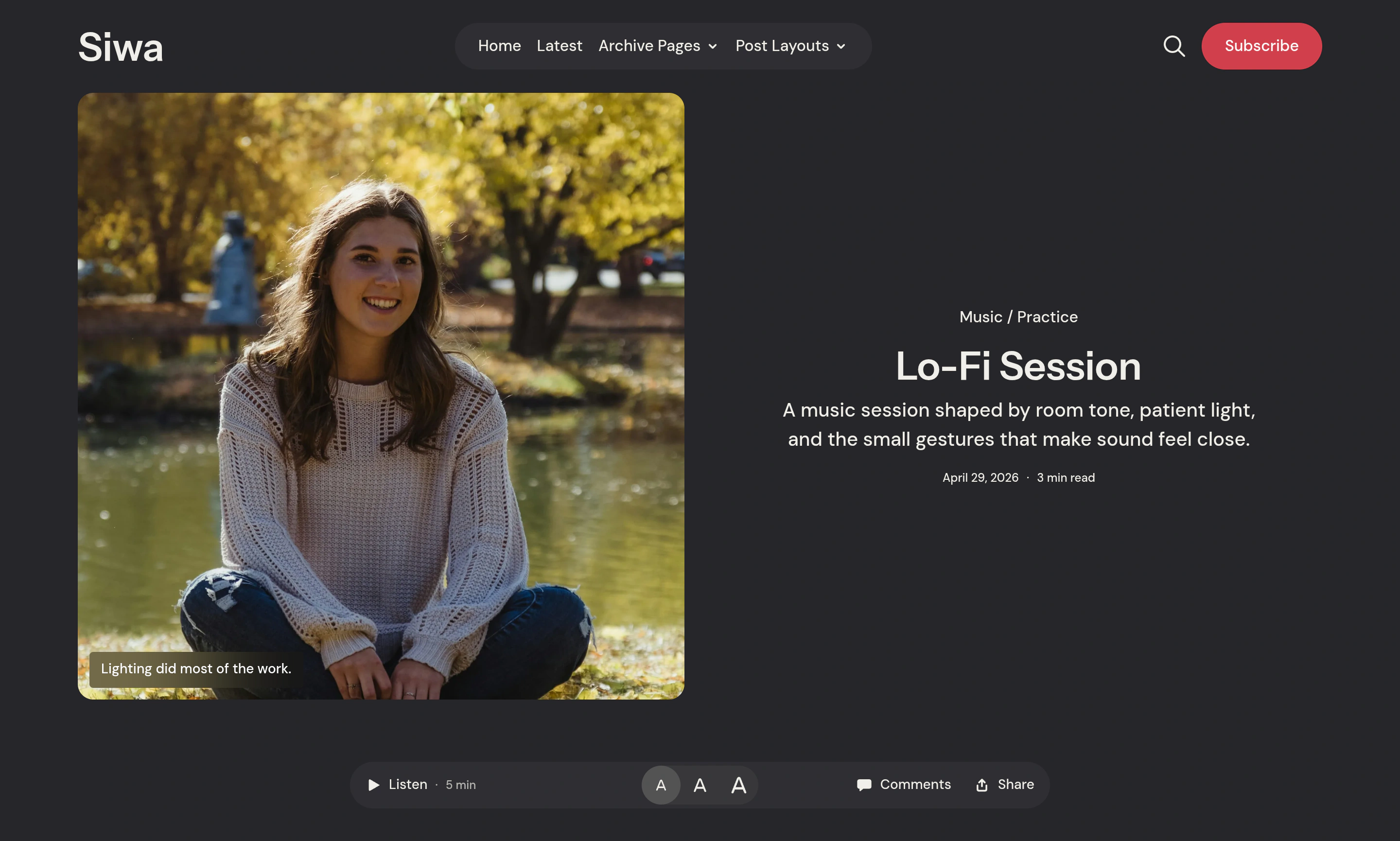 Siwa Post Split layout with a portrait beside the title and excerpt