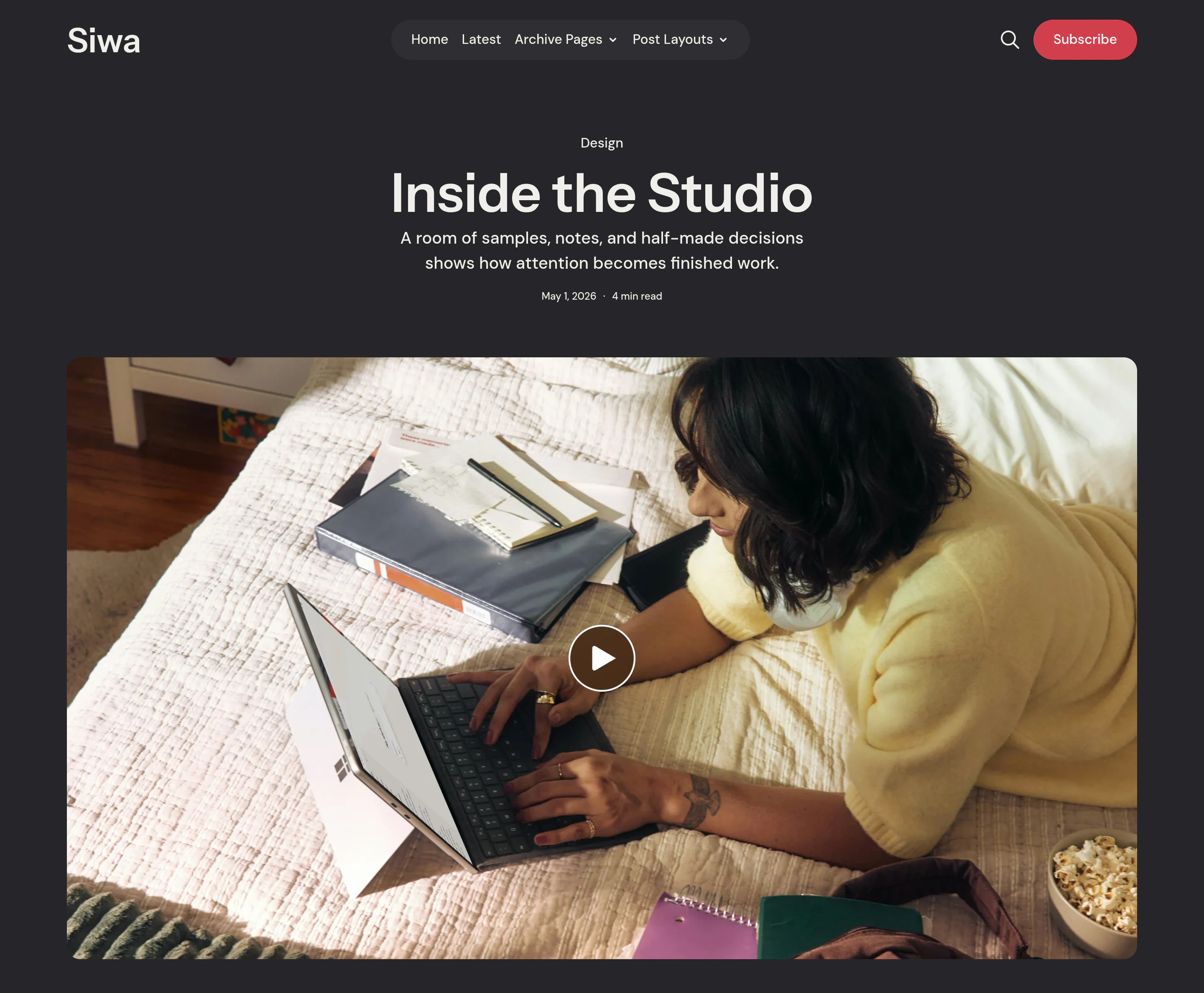 Siwa Post Video layout with a playable video above the article