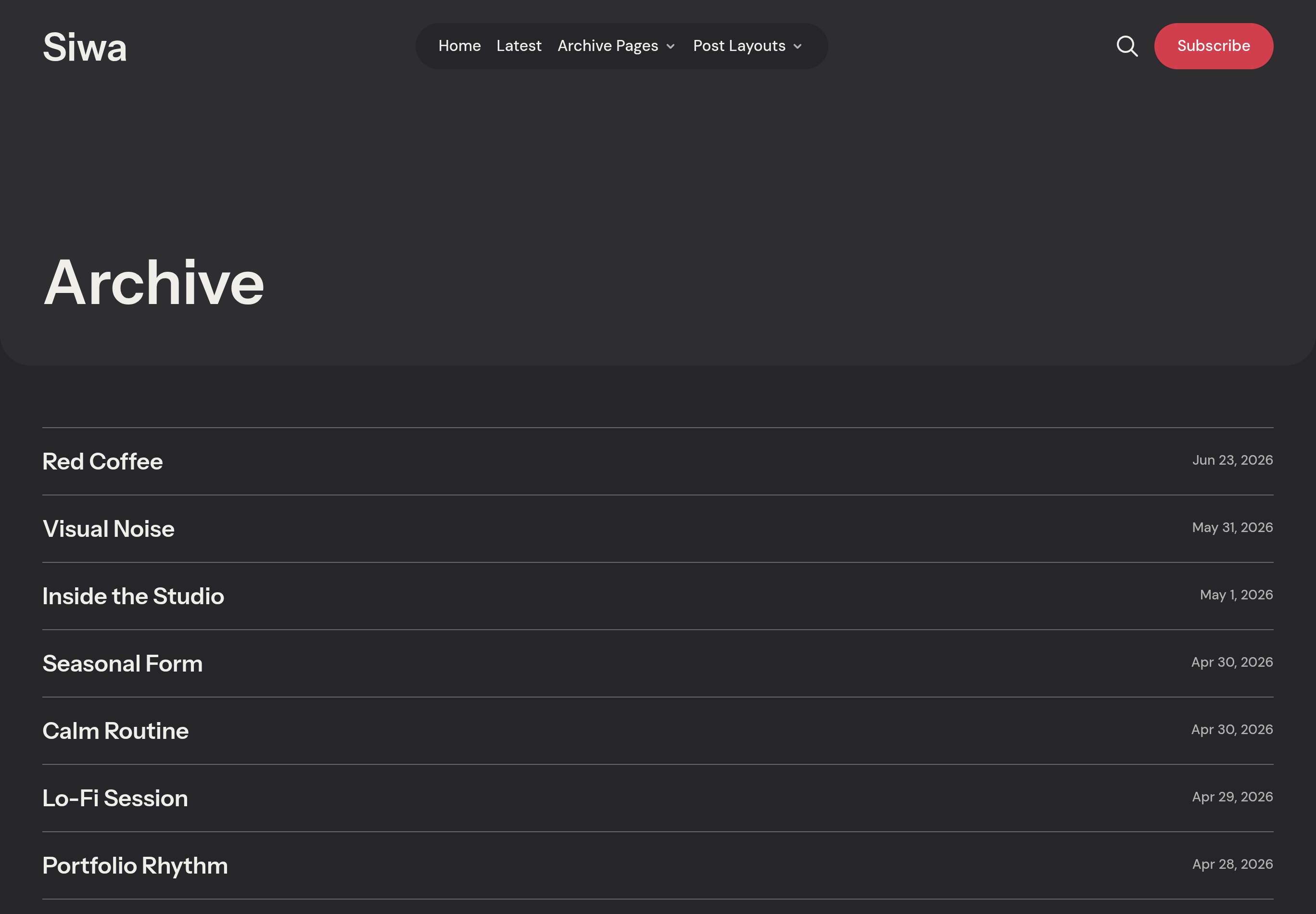 Siwa Archive page listing stories by date