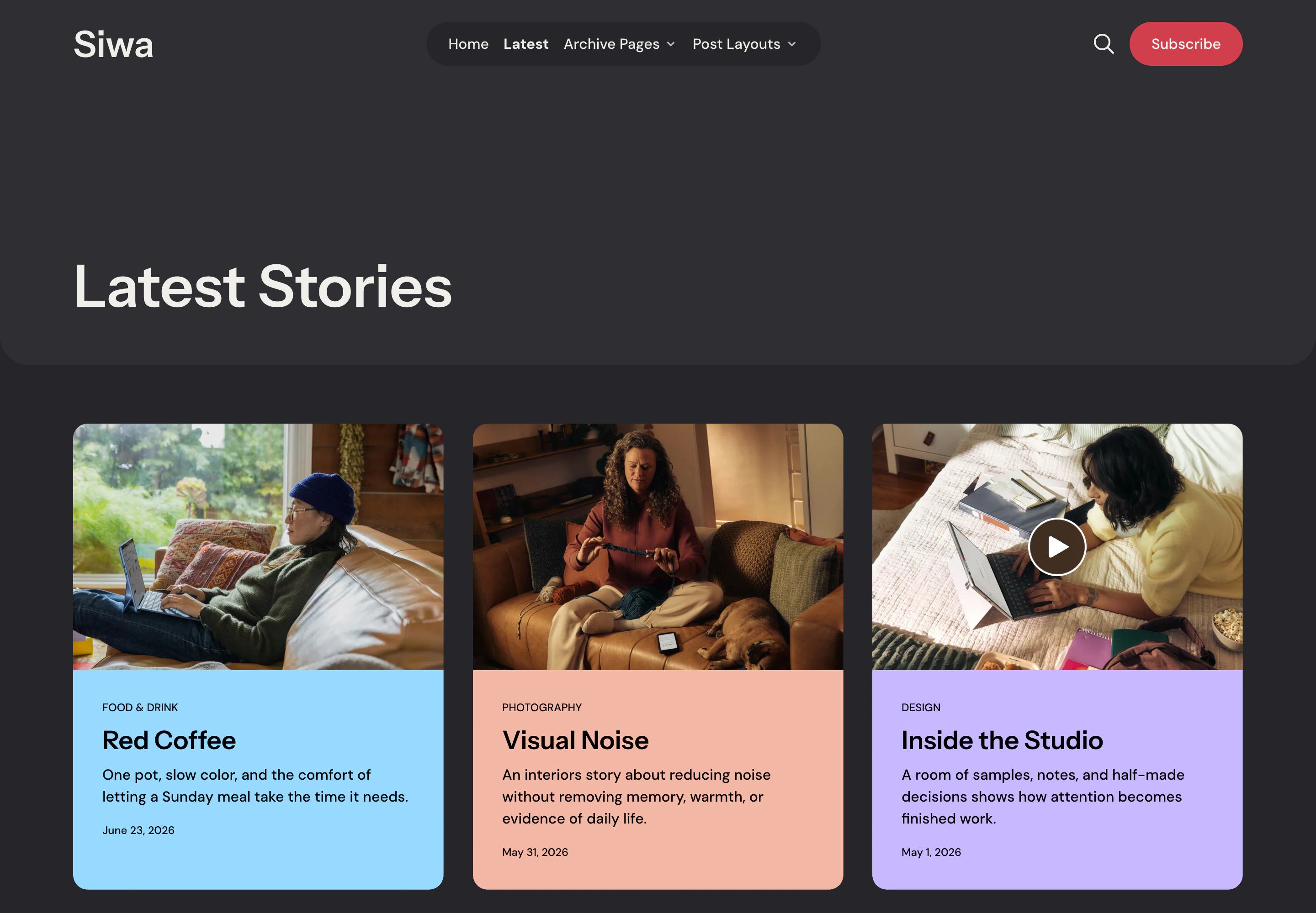 Siwa Latest page with a heading and three-column story grid