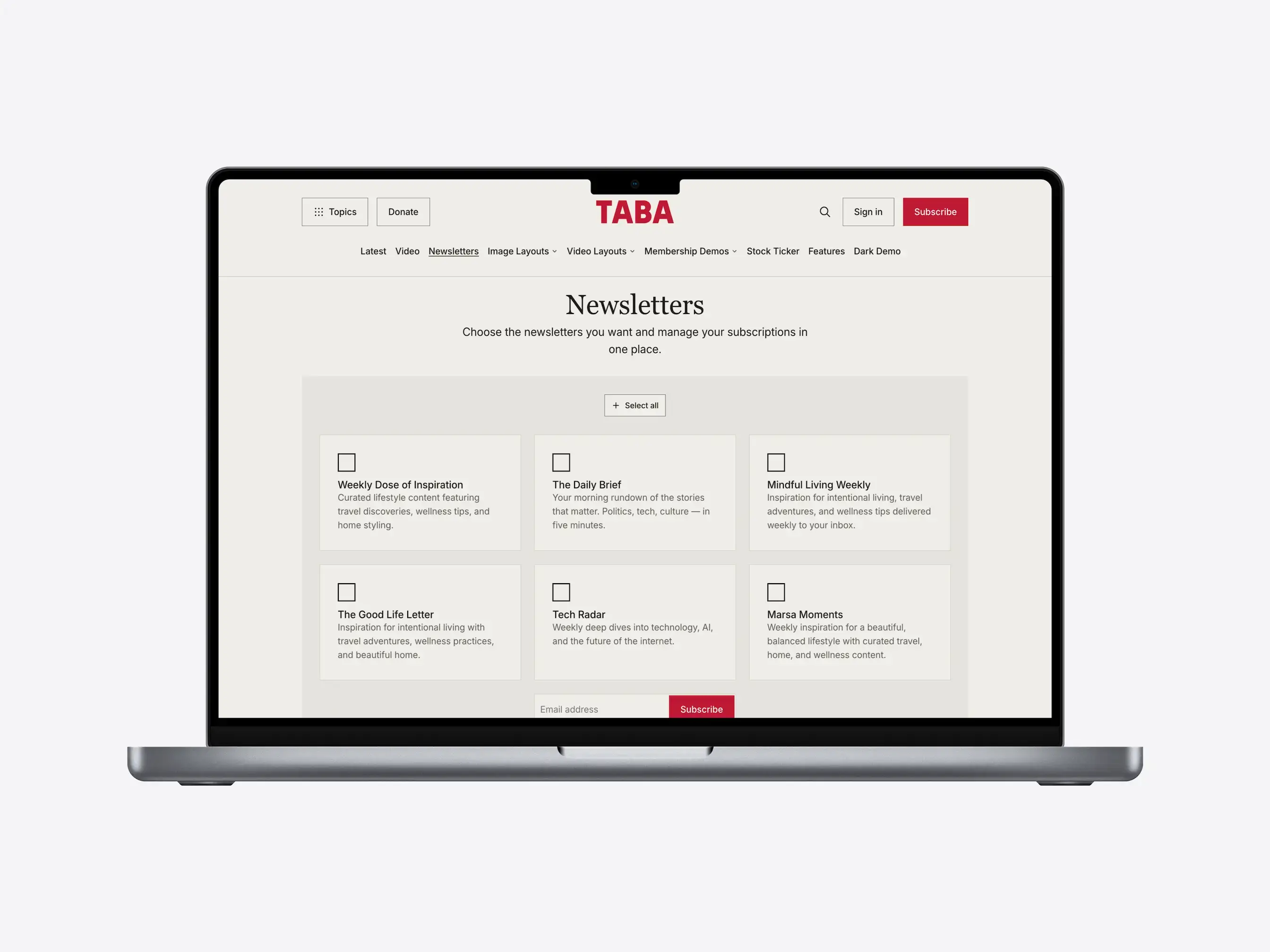 Taba Ghost Theme membership, paid content, custom newsletters page, and sticky bar features