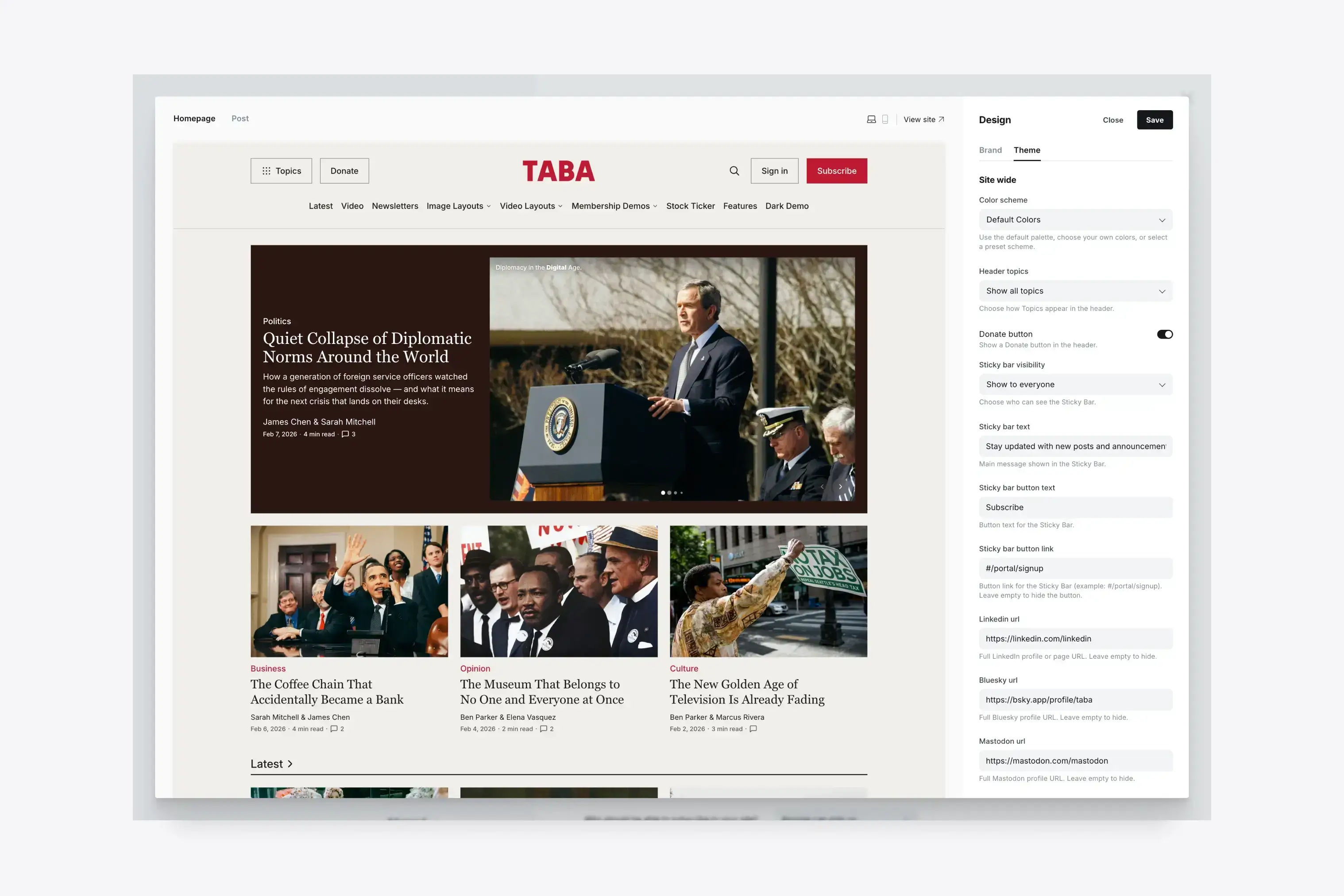 Taba Ghost Theme customization settings for colors, fonts, homepage sections, header topics, social links, donate button, and sticky bar options