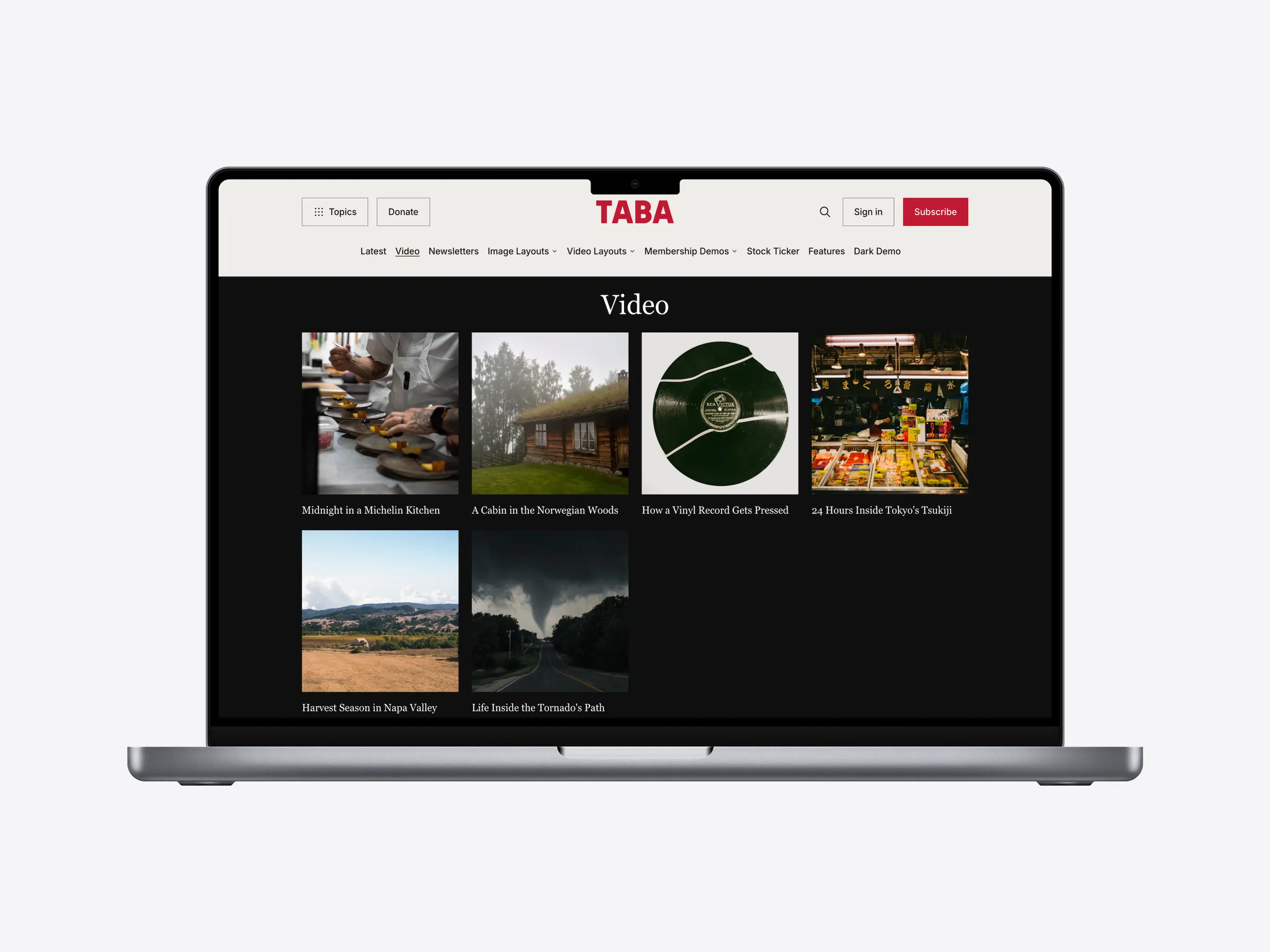 Taba Ghost Theme video page with video cards and editorial video layout