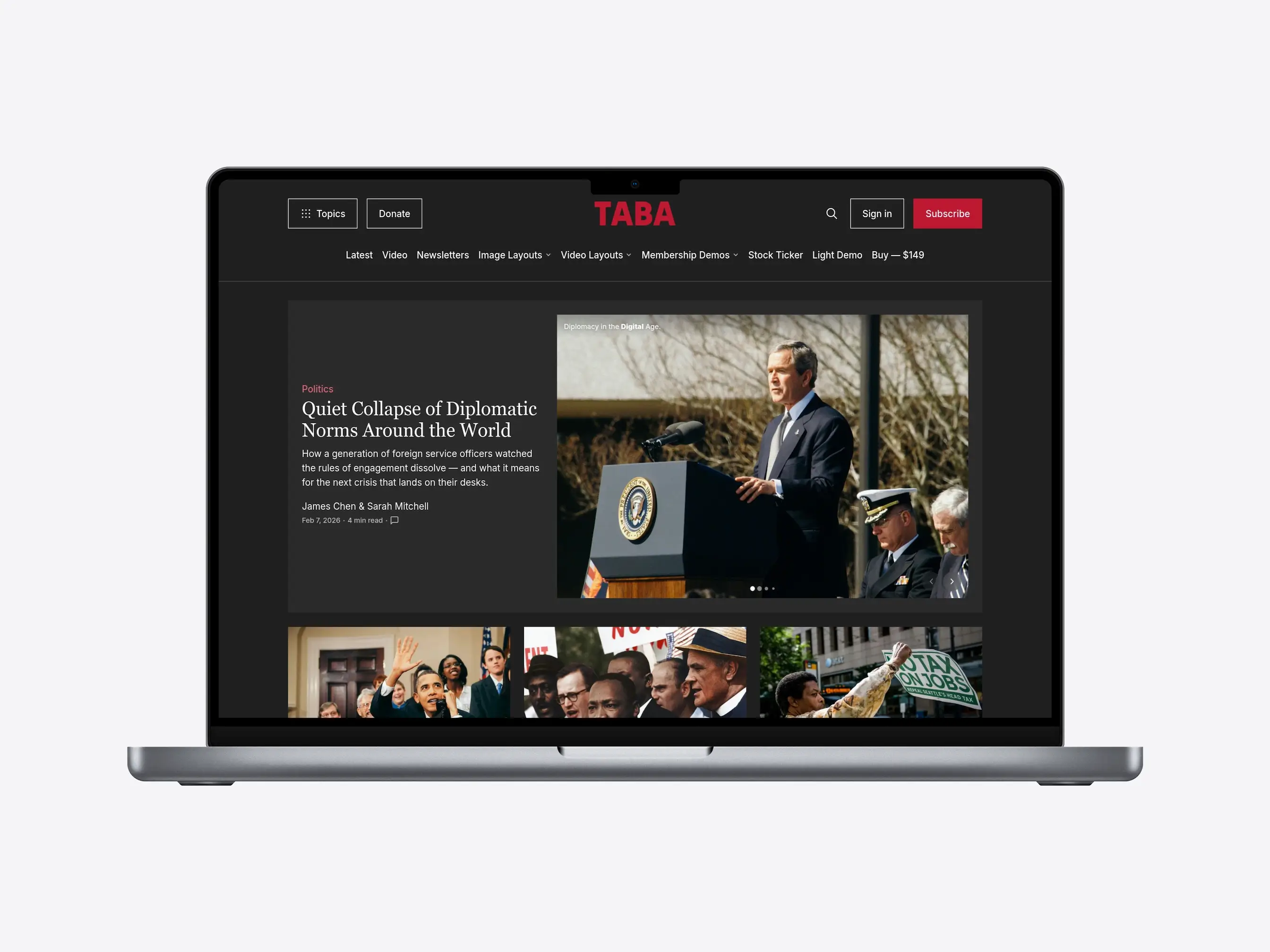 Taba Ghost Theme dark homepage with editorial sections for news and magazine publishing