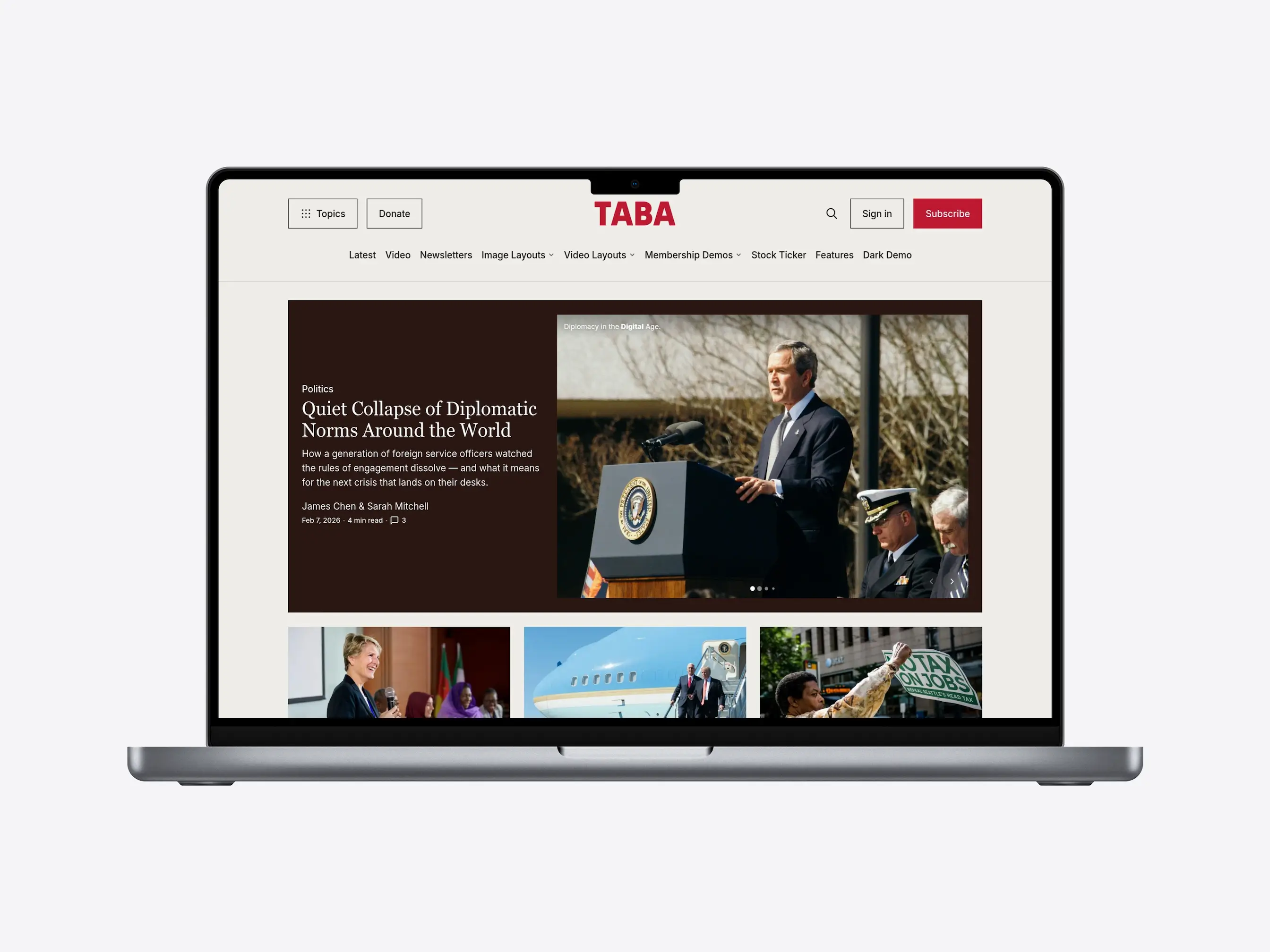 Taba Ghost Theme homepage with editorial sections for news and magazine publishing