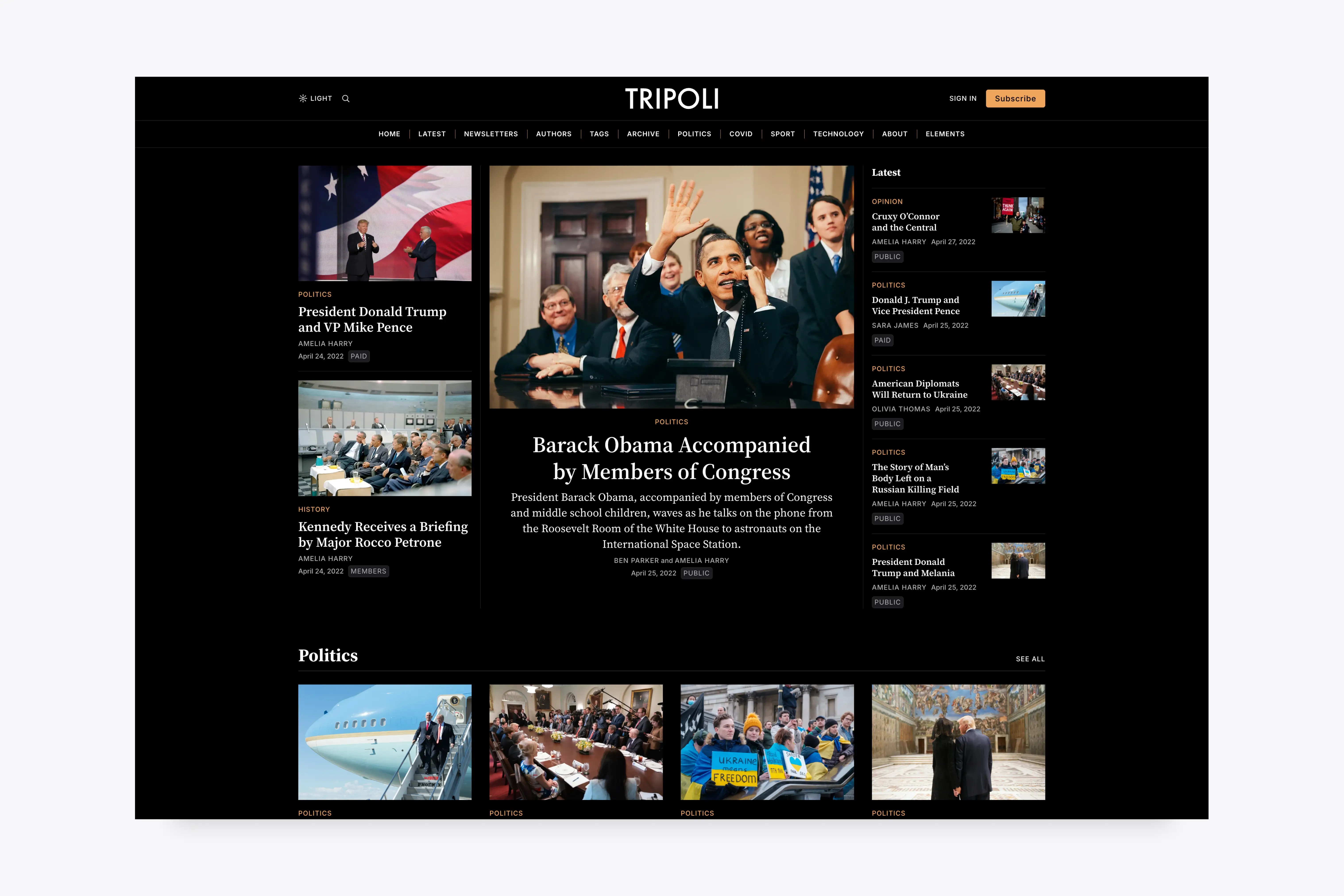 Tripoli homepage in dark mode with editors' picks and recent stories