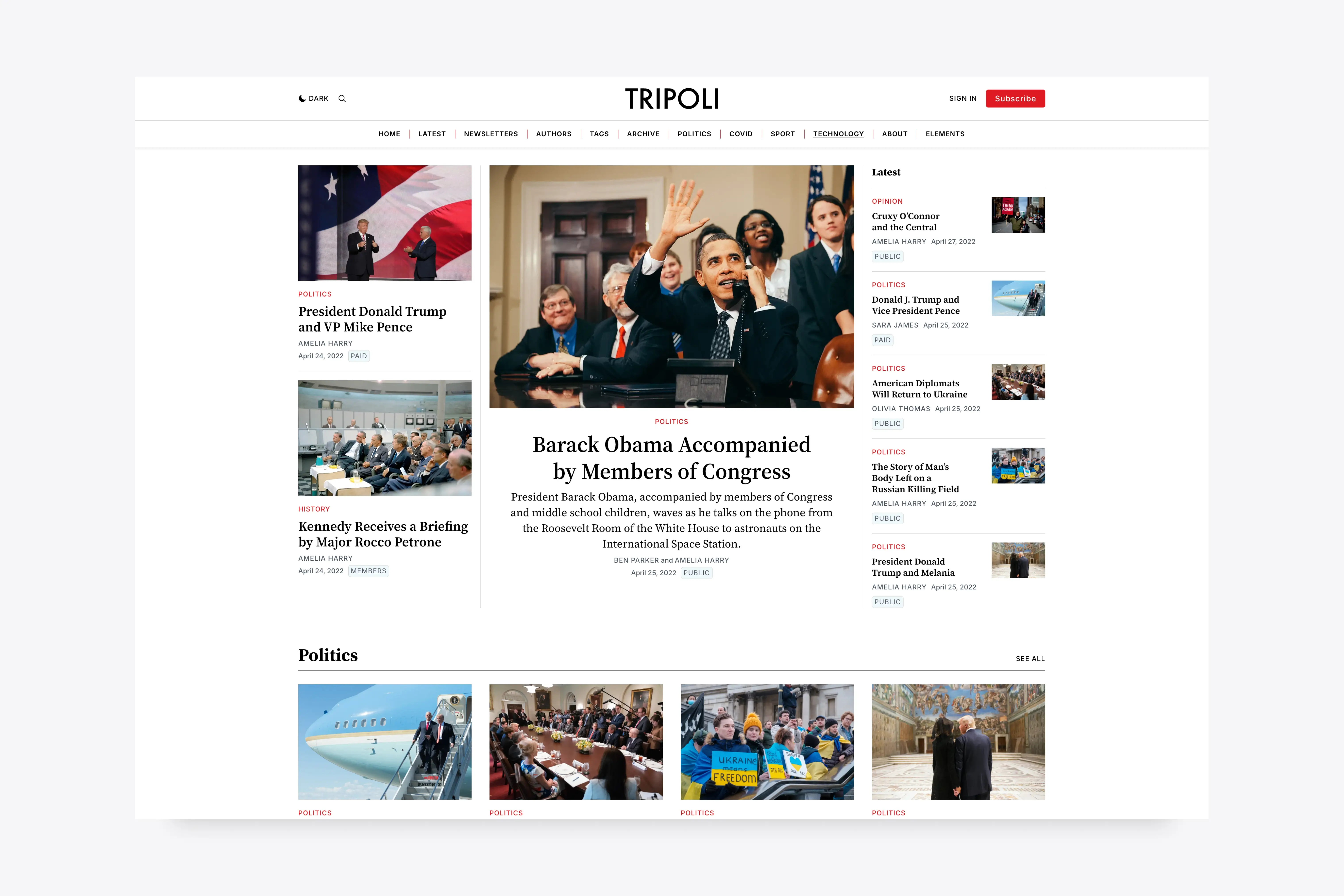 Tripoli homepage in light mode with editors' picks and recent stories